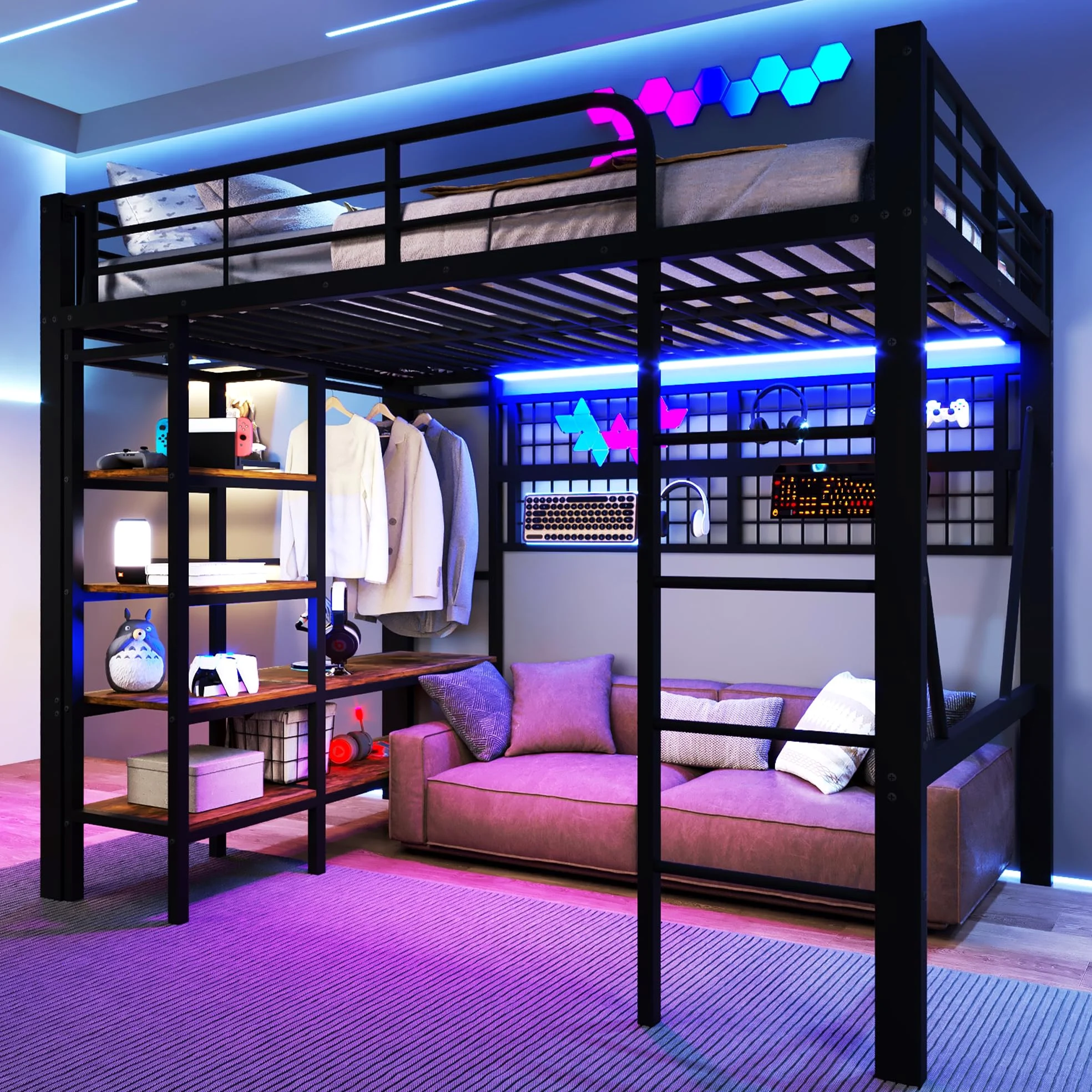 Lubvtti Letto a soppalco in ferro 140 x 200 cm con striscia luminosa a LED,vano portaoggetti,rete per appendere gli oggetti,asta appendiabiti,letto a castello per bambini,struttura letto singolo,Nero