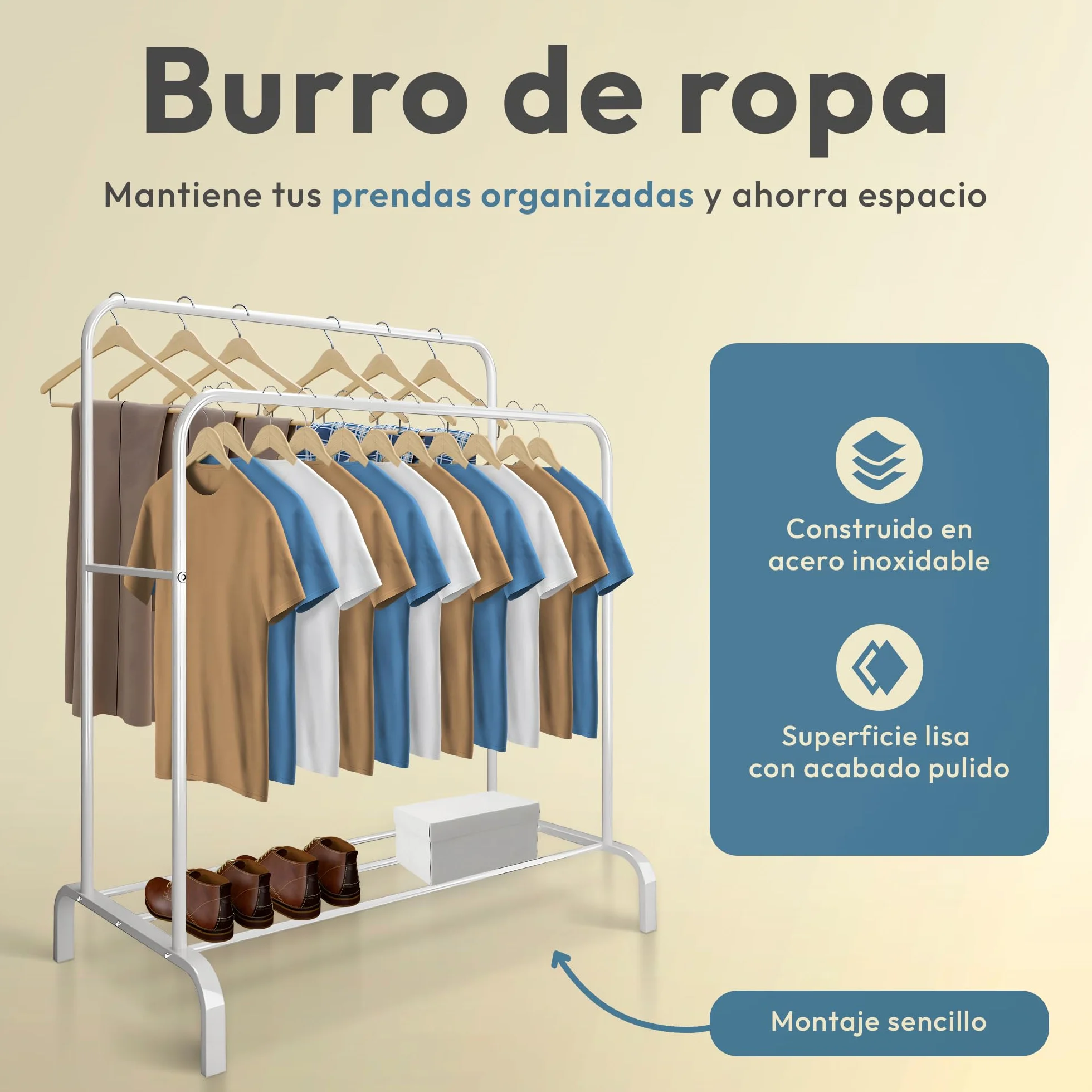 JUPPLIES Appendiabiti Robusto – Stand Appendiabiti Doppio con Ripiano Inferiore | 146 x 110 x 54 cm, in metallo (Bianco)