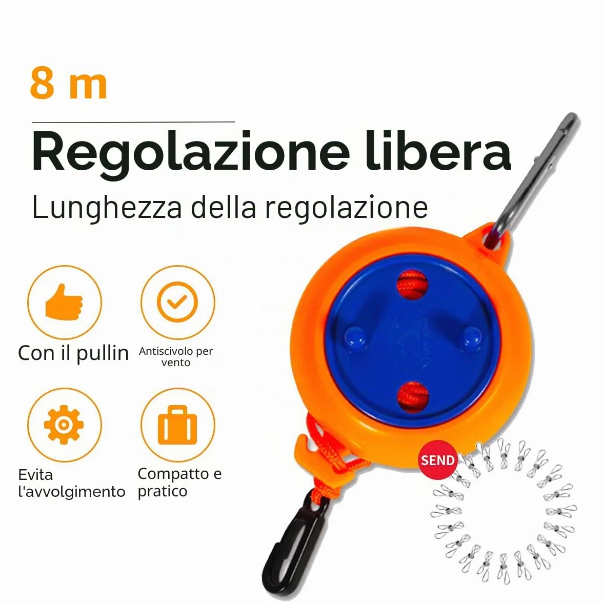 Stendibiancheria Estensibile,10M Filo Stendibiancheria Per Esterno, Hotel, Campeggio, Cortile, Esterno/Interno con 20 Mollette Antivento