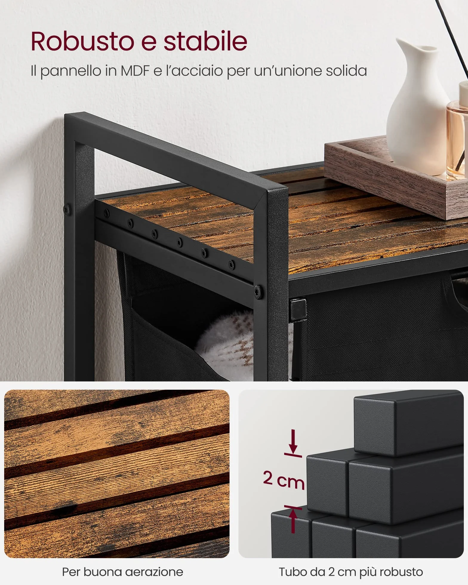 VASAGLE Cesto Portabiancheria 2 Sacchi Rimovibili Metallo 2x46L 73x33x72 cm Nero Inchiostro Marrone Vintage