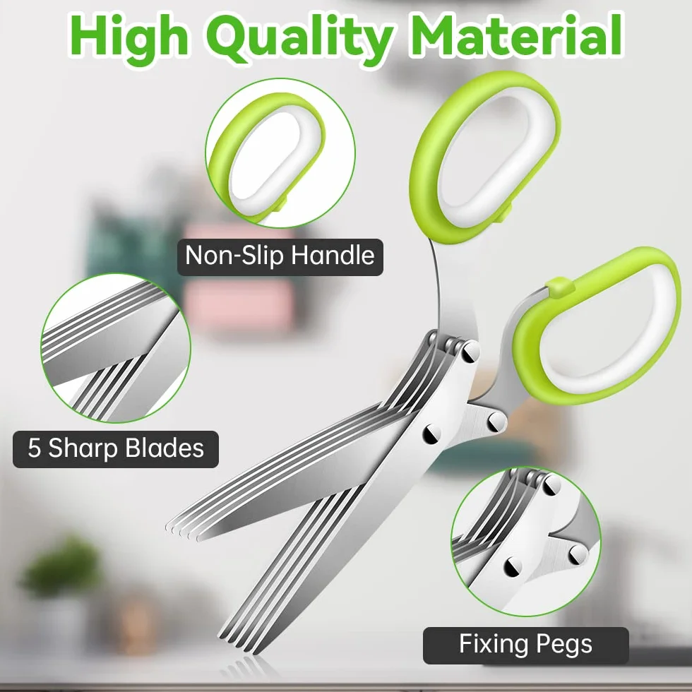 Forbici per Erbe Aromatiche, Forbici da Cucina a 5 Lame in Acciaio Inox con Manico Ergonomico, Forbici da Cucina con Pettine Pulizia per Tritare Basilico, Erba Cipollina, Origano, Rosmarino