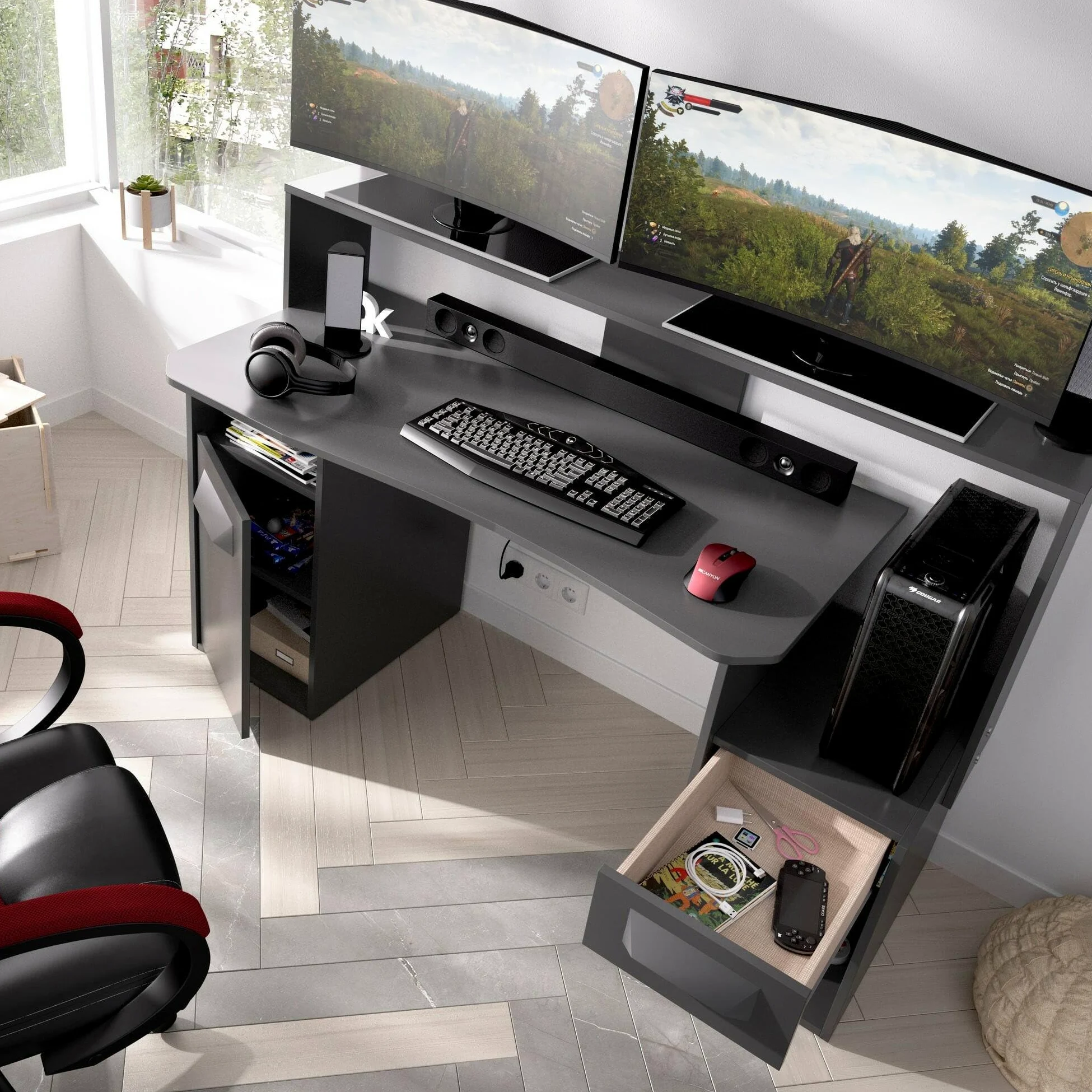 Dmora - Scrivania Manos, Scrittoio multifunzione moderno da gaming, Tavolo da studio porta PC e porta CD, 154x69h98 cm, Antracite, senza luci LED