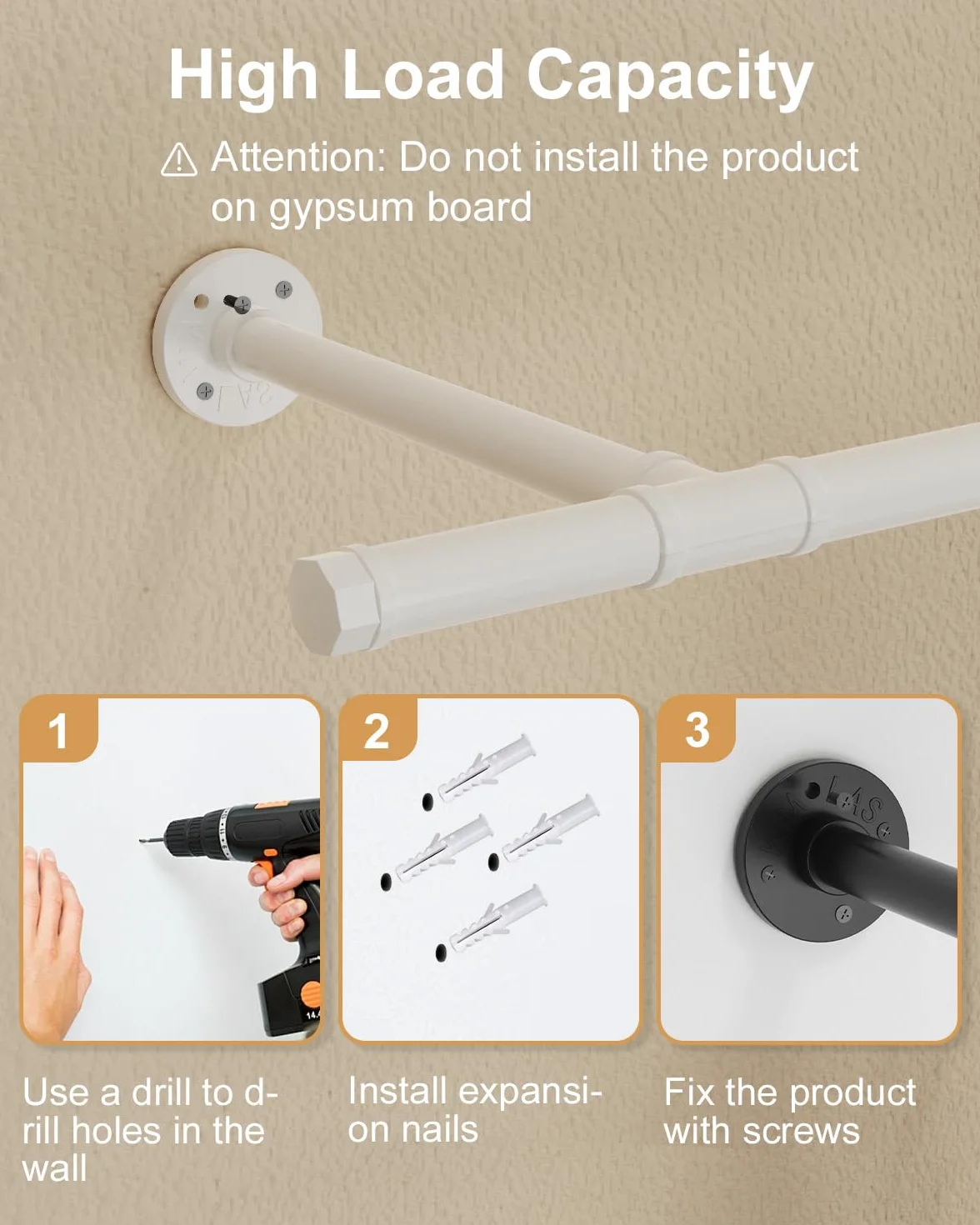 GUOHNEH 211 cm Tubo Appendiabiti Industriale, Attaccapanni da Muro, Barra dei Vestiti in Ghisa Malleabile, Adatto per Camere da Letto, Soggiorni, Armadi, Set da 1, Crema, SG211W-1