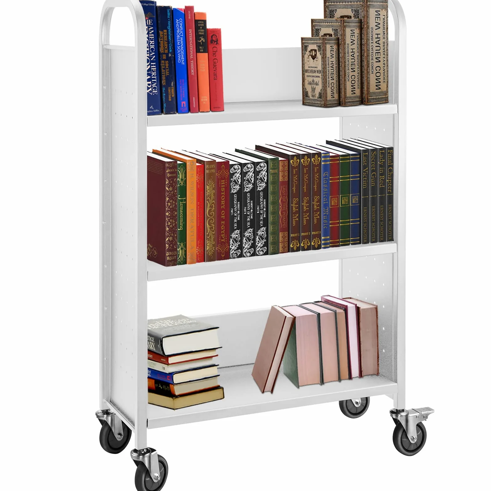 VEVOR Carrello per Libri, Carrello per Biblioteca da 200 Libbre, Carrello per Libri con Ruote 30x14x49 Pollici Ruote Bloccabili da 4 Pollici, per Scaffali Domestici Ufficio, Bianco