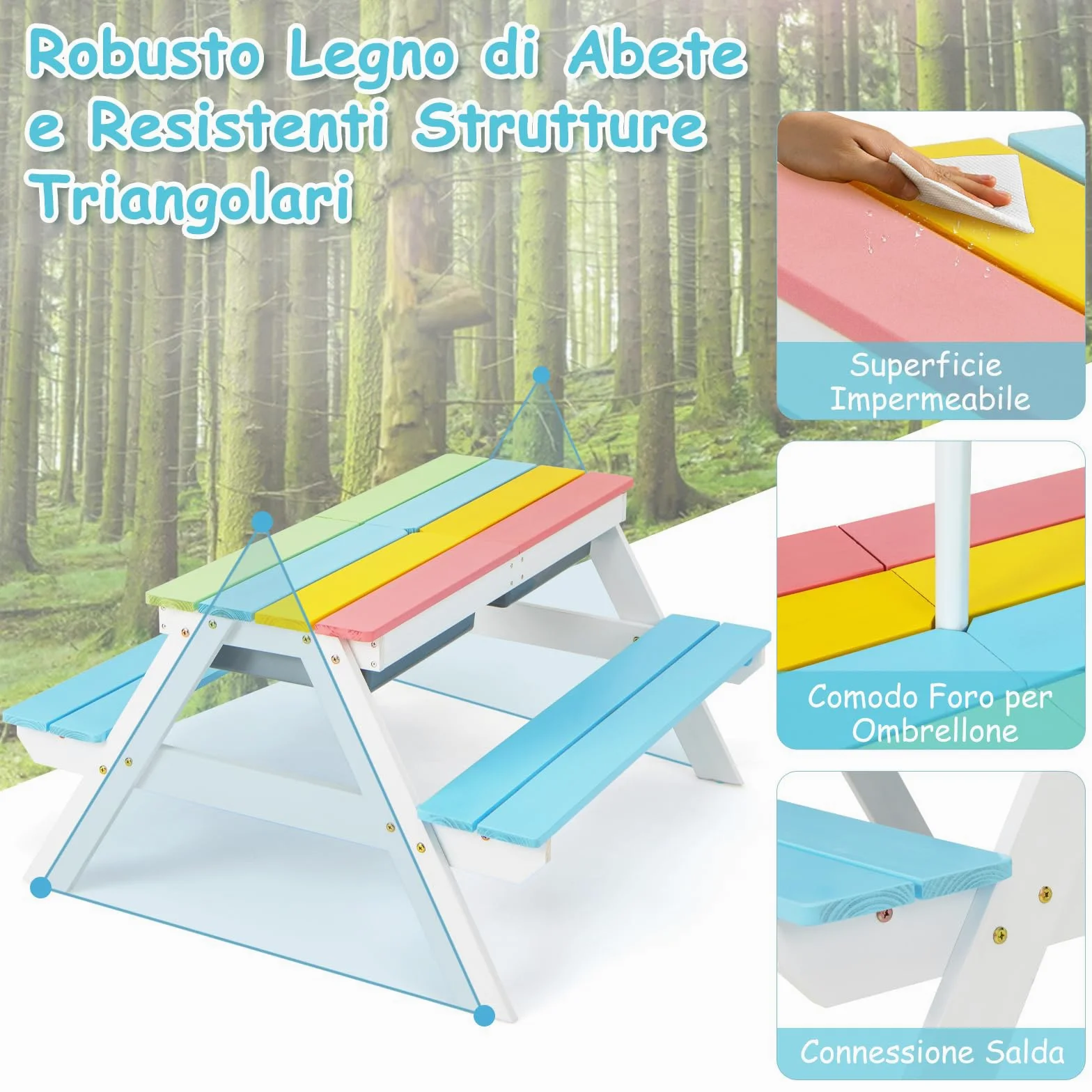 COSTWAY Set Tavolo e Sedie per Bambini da Giardino 3 in 1, con Ombrellone Rimovibile e Regolabile, Piano Rimovibile, Tavolo con Panche in Legno per Bambini da Interno Esterno (Blu e Bianco)