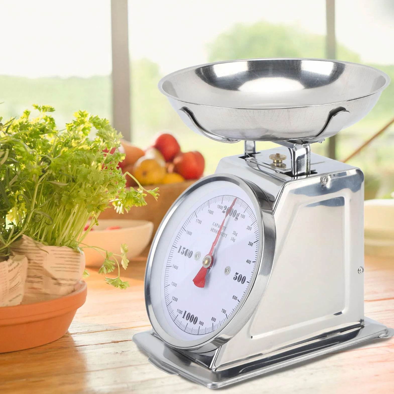 Fockety Bilancia da Cucina Meccanica, quadrante della Bilancia analogica in Acciaio Inox per Alimenti con Ciotola Rimovibile, 2KG o 4KG 2 Dimensioni, Bilancia per Il Peso degli Alimenti (2 kg)