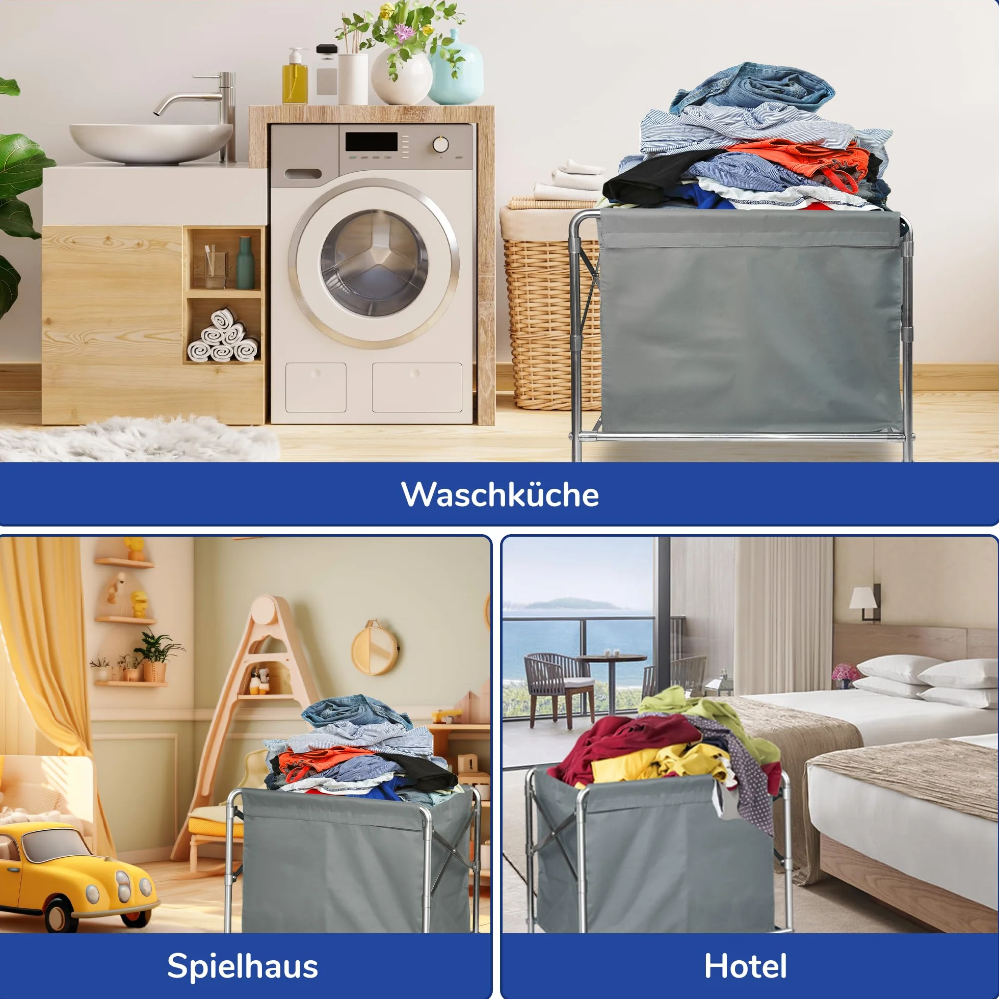 bimiti Carrello per la biancheria, in acciaio inox, con ruote, pieghevole, con portata di 100 kg, per la casa, hotel, 87 x 52 x 78 cm