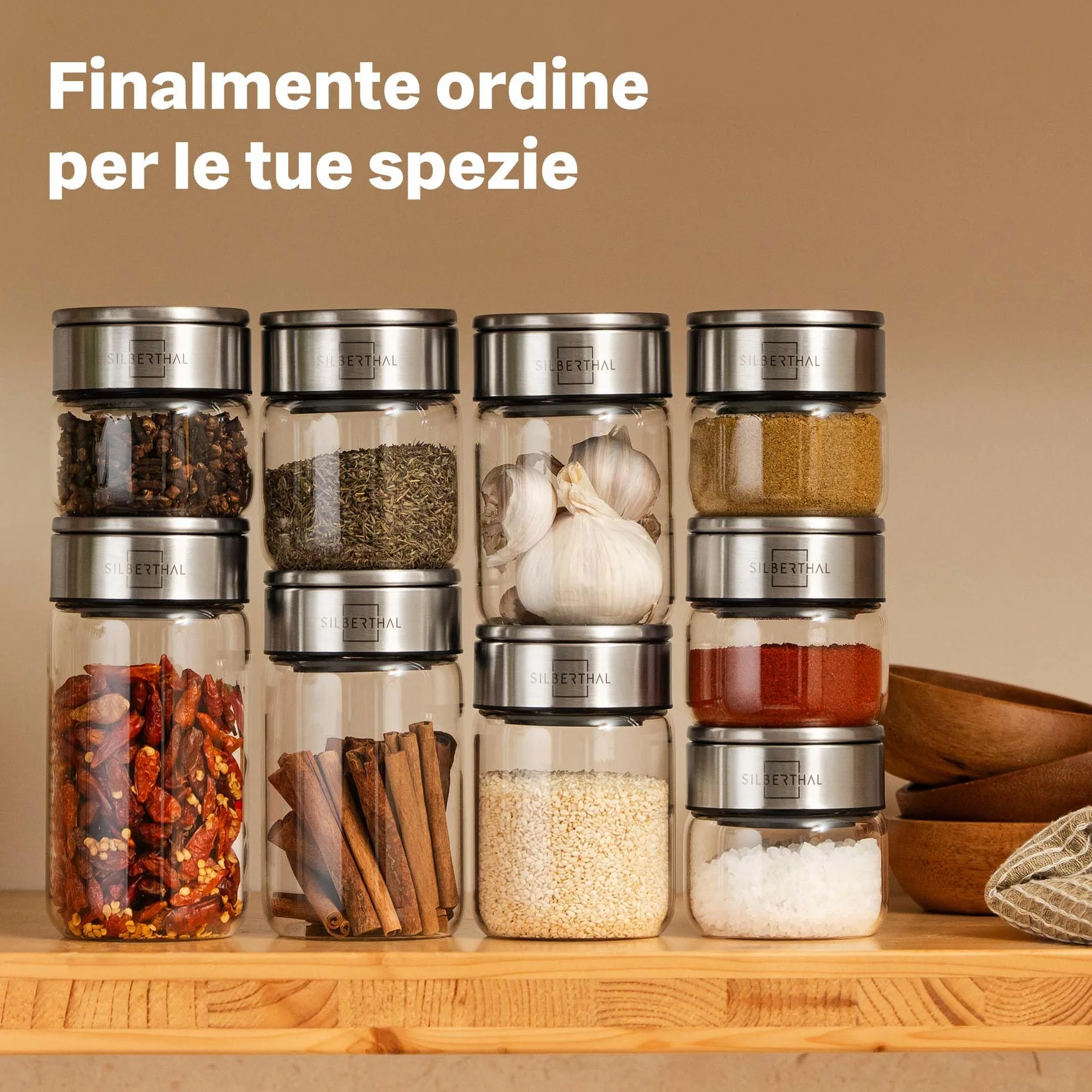 SILBERTHAL Set 12 barattoli porta spezie in vetro 300 ml – Coperchio inox