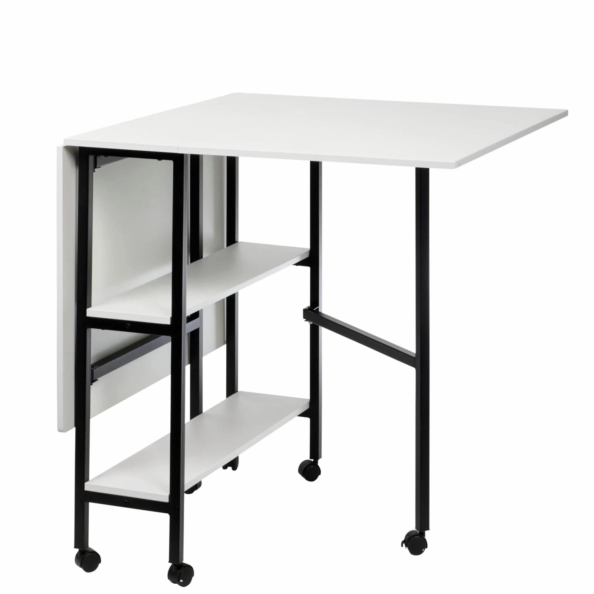 Tavolo da cucito pieghevole con piano bianco, gambe nere e ruote, 2 ribalte e 2 ripiani - WC1012