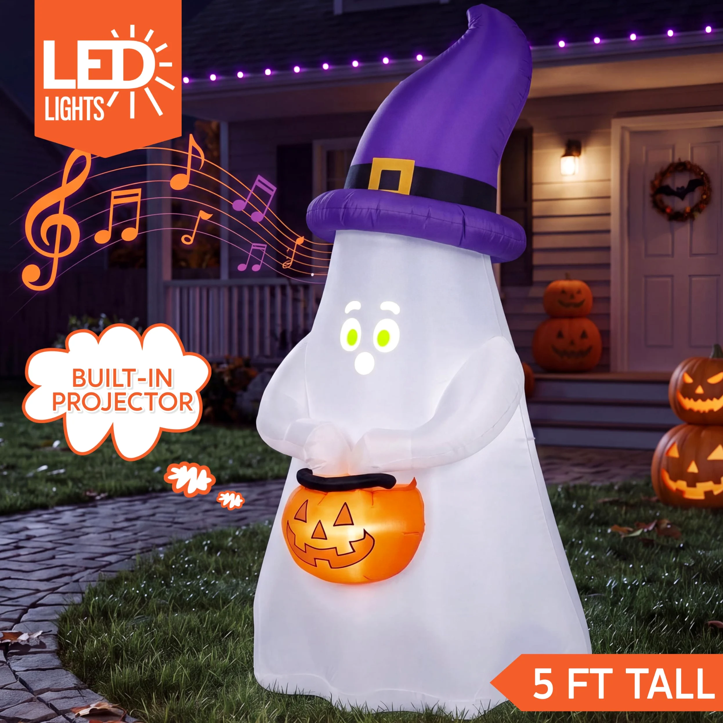 Joiedomi Decorazione gonfiabile per Halloween da 1,5 m, con proiettore e musica, con 8 espressioni facciali e carillon per feste all'aperto