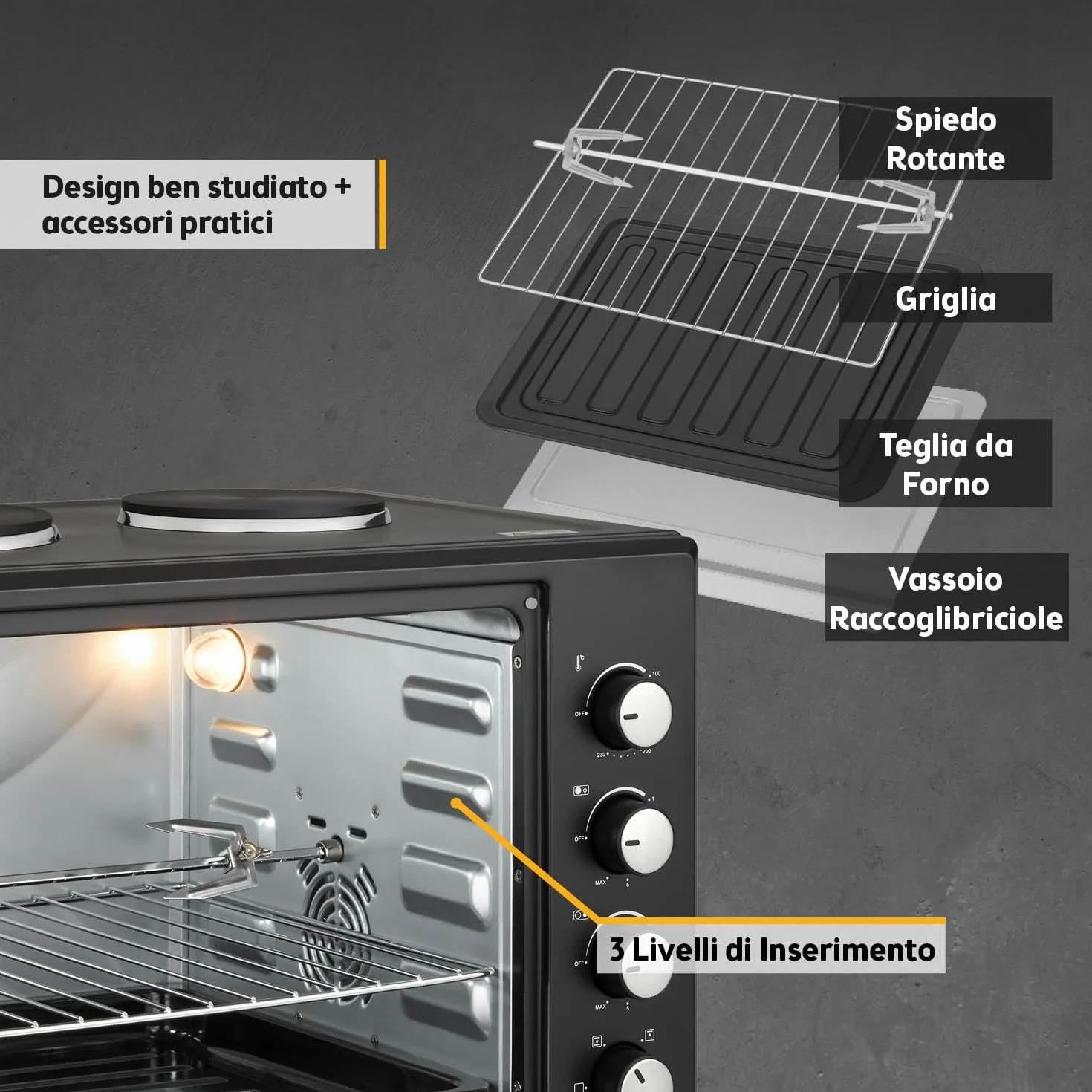 TZS First Austria - Mini Forno con fornelli 30L 3200 W - Fornetto per pizza con piastre fino a 230°C e 6 modalità di riscaldamento - Multiforno con 4 altezze di inserimento e accessori di alta qualità