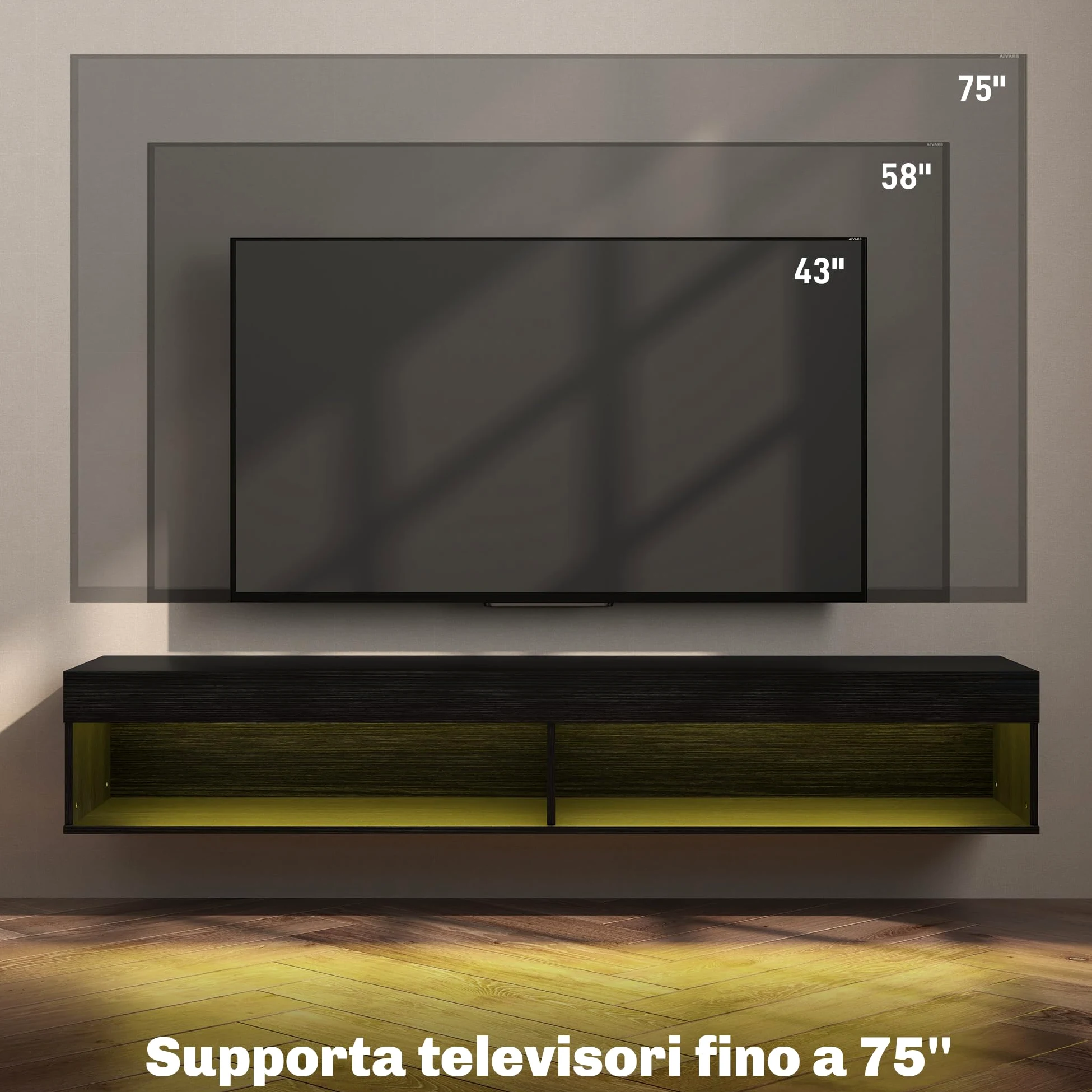 HOMCOM Mobile Porta TV fino 75" Sospeso con Luci LED 16 Colori e Modalità Regolabile con Telecomando, Mobile TV Sospeso in Legno, 180x40x30 cm, Nero