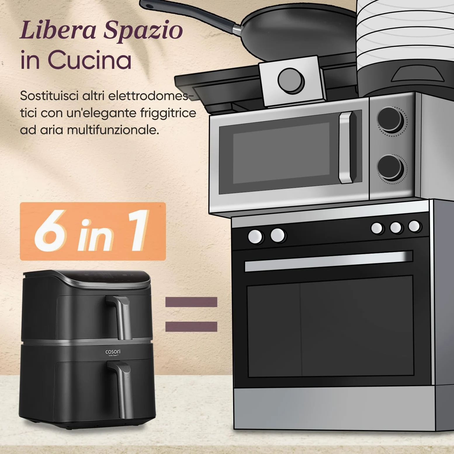 COSORI Turbo Tower Friggitrice ad Aria 10,8L con Cestelli Verticali, Cottura Salvaspazio a 3 Livelli, 2630W, 6 Funzioni, 2 Motori DC, 50+ Ricette Complete Online,CAF-DC111,Grigio