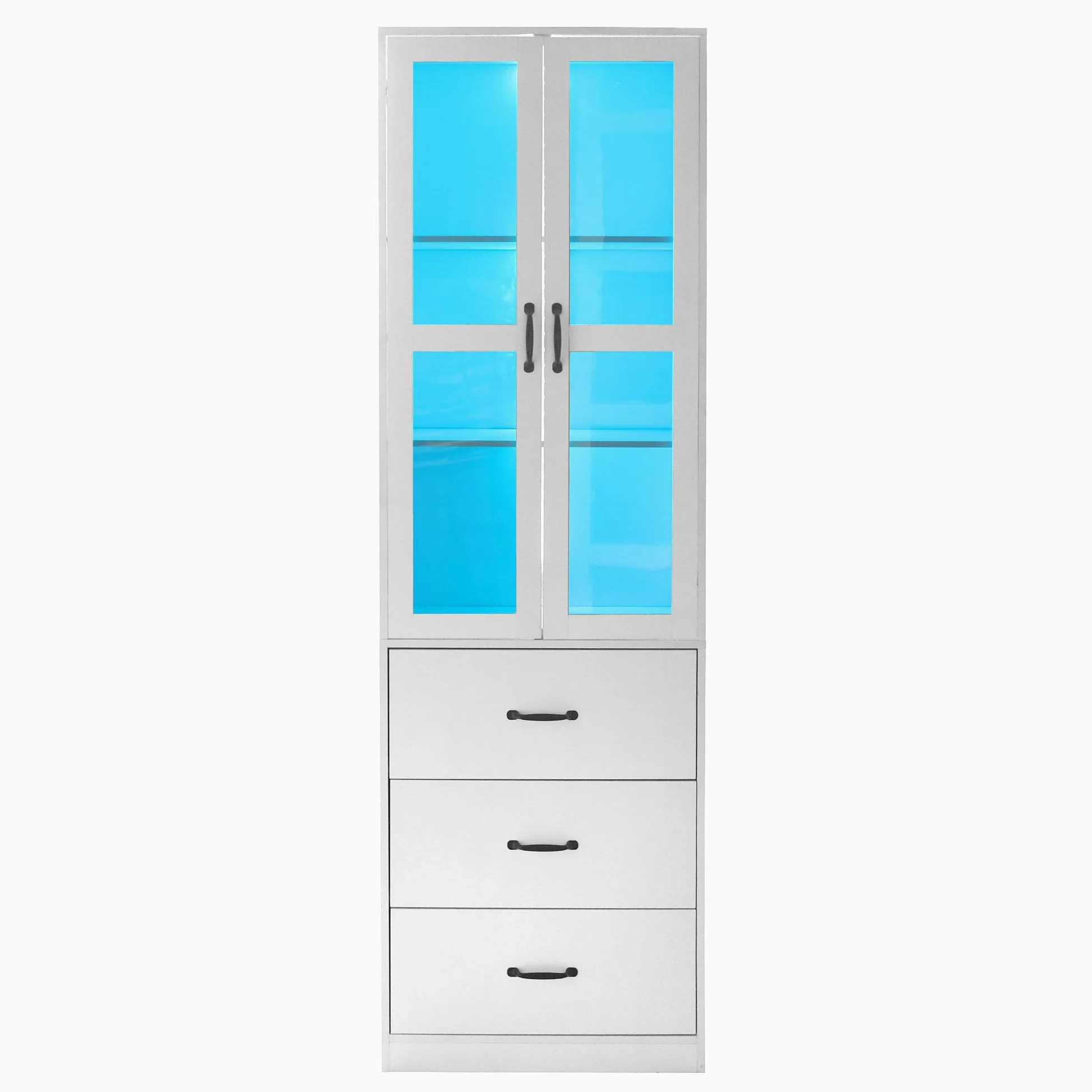 Vetrina bianca alta 200 cm, vetrina con 2 ante in vetro e 2 divisori mobili, 3 cassetti, illuminazione a LED - un'aggiunta elegante alla tua collezione!