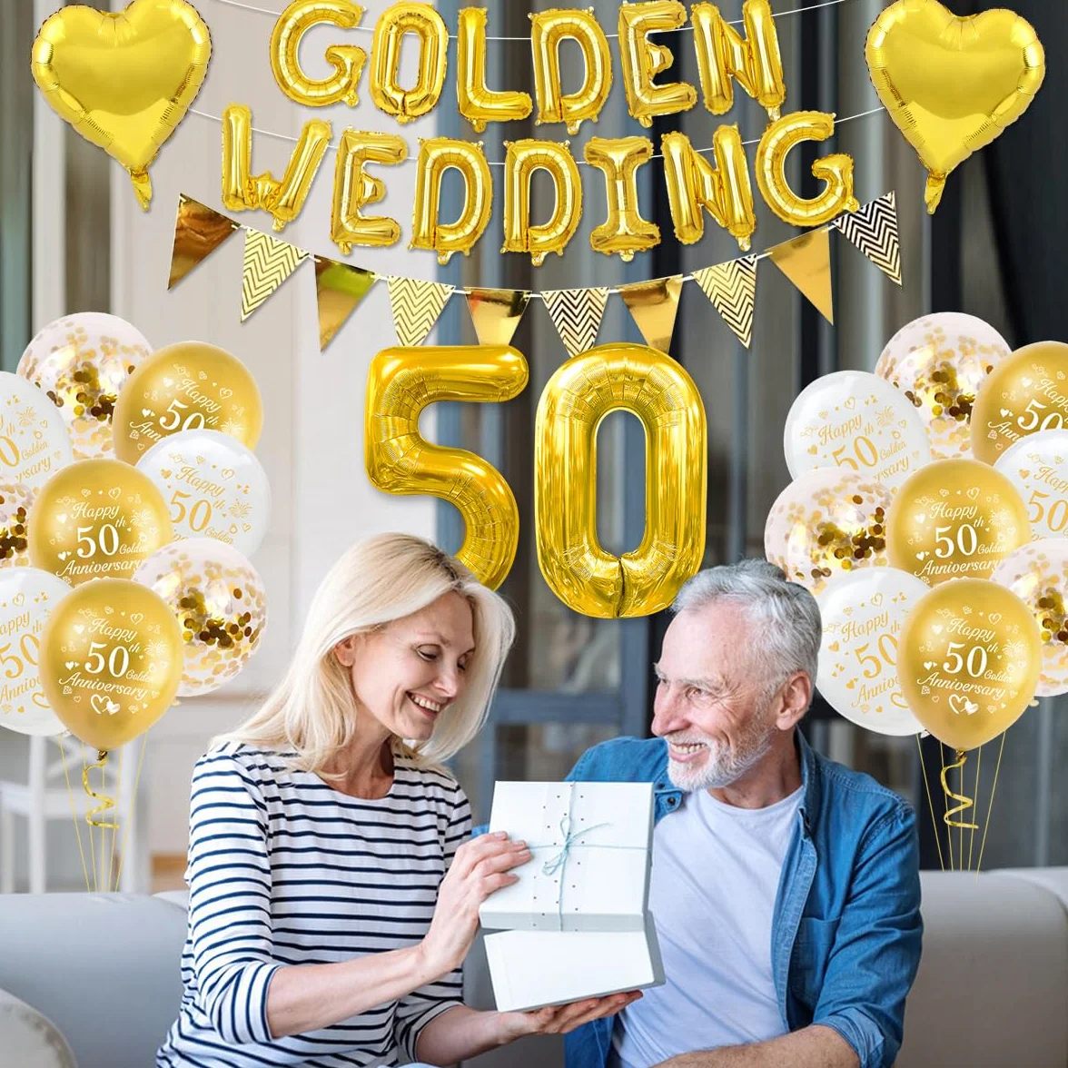 Decorazioni Matrimonio Oro, Decorazioni Anniversario Matrimonio 50 anni Palloncini Happy 50th Anniversary Palloncini Oro Striscioni 50 Golden Wedding Cake Topper