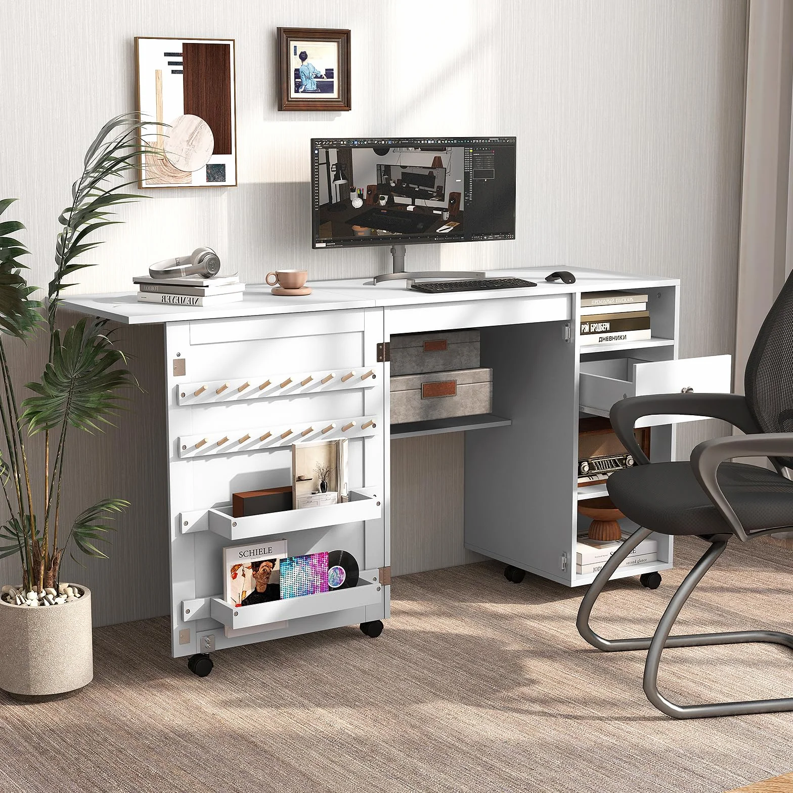 RELAX4LIFE Tavolo da Cucito Pieghevole su Ruote con Ripiani e Cassetto