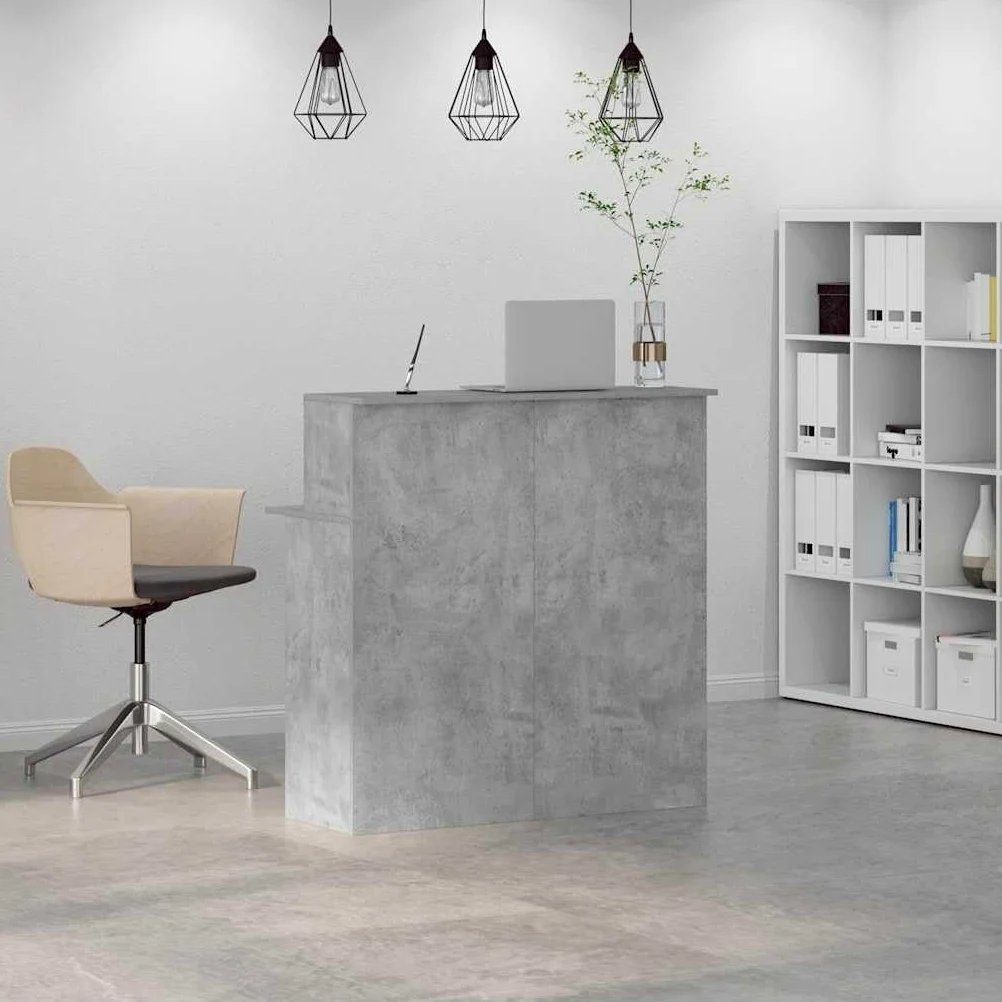 Bancone da ricevimento, in legno grigio cemento, 100 x 50 x 103,5 cm, con spazio e ripiano, scrivania versatile per ufficio, reception, postazione di lavoro e home office, struttura stabile con