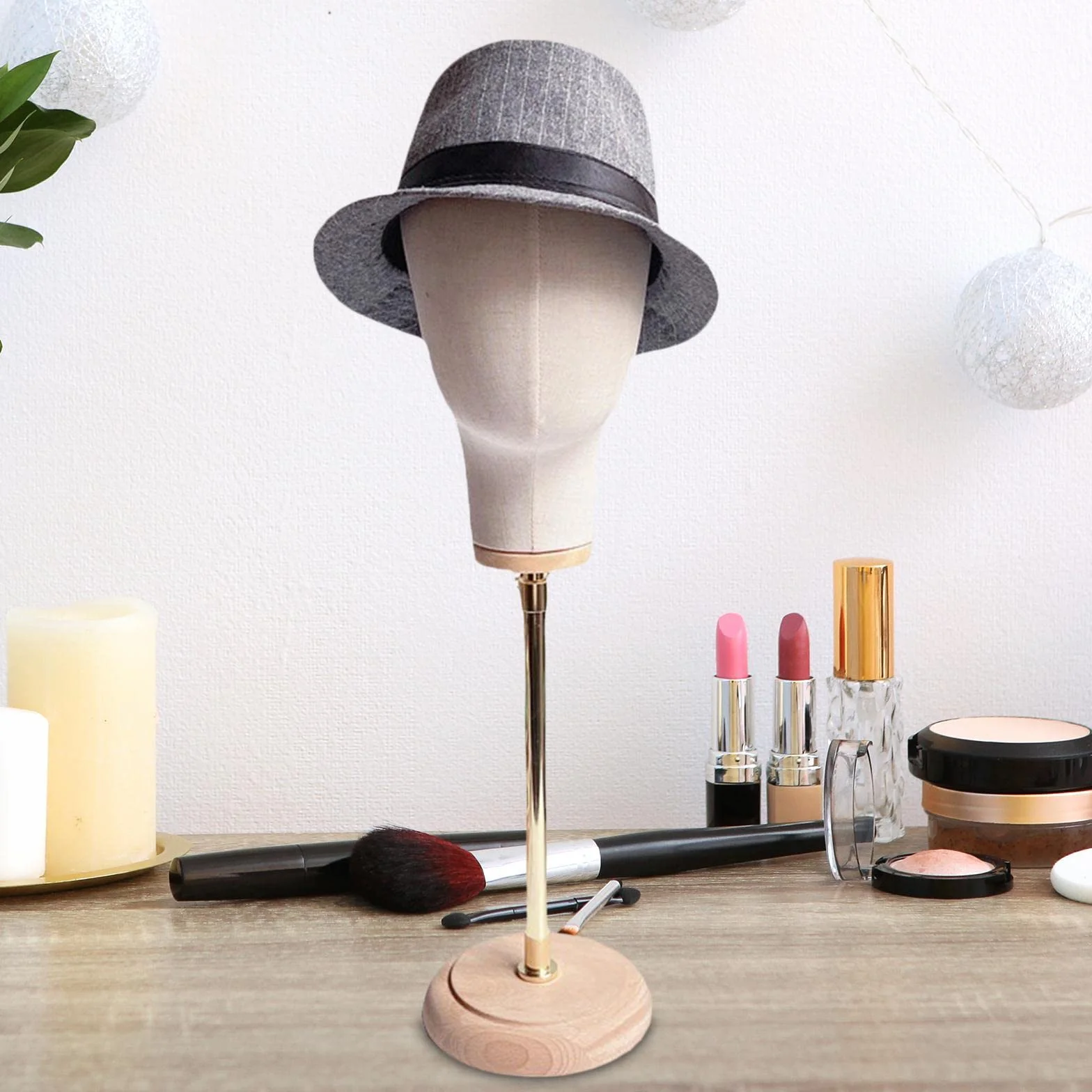 Perfk Regolabile Porta Cappelli 56-76 Cm, Espositore Per Parrucca Modello Testa Manichino Base Legno Mostra Cappelli Gioielli Sciarpe