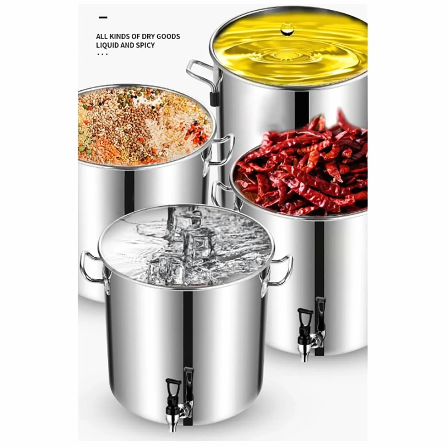 Pentola in acciaio inox con coperchio, fondo composito, capacità 5-90 l, ideale per cucinare e servire zuppe, lattina per latte addensato con rubinetto