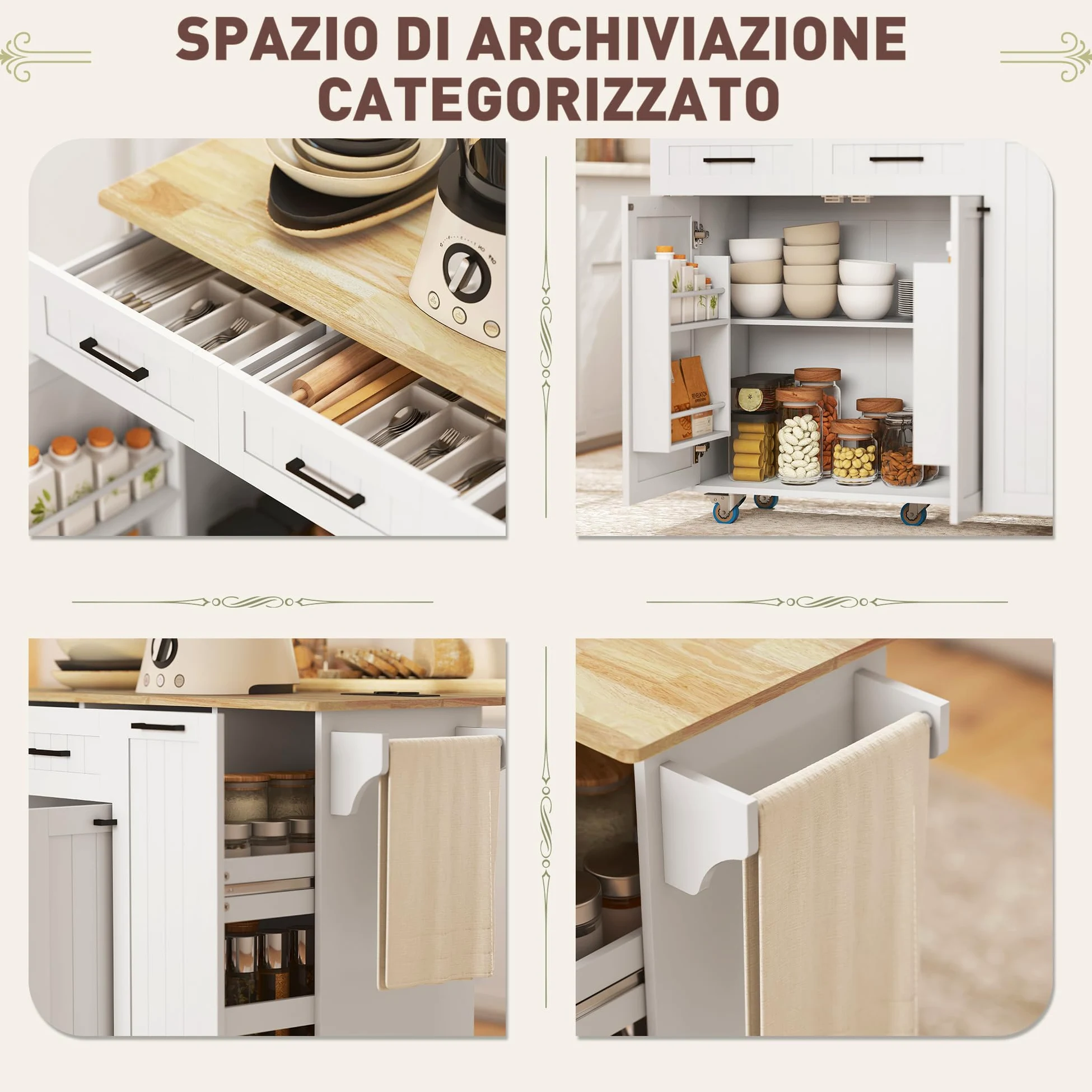 HOMCOM Isola Cucina con Ruote, Carrello Cucina con Stazione di Ricarica, Piano a Ribalta in Legno, Ripiani Regolabili, 2 Cassetti, Armadietto Estraibile, Portaspezie a Porta, Portasciugamani, Bianco