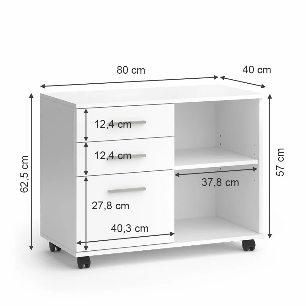 Vicco Piedistalli mobili Delf, Bianco, 40 x 80 cm con 3 cassetti, utilizzabile in modo flessibile con ruote per un facile cambio di posizione