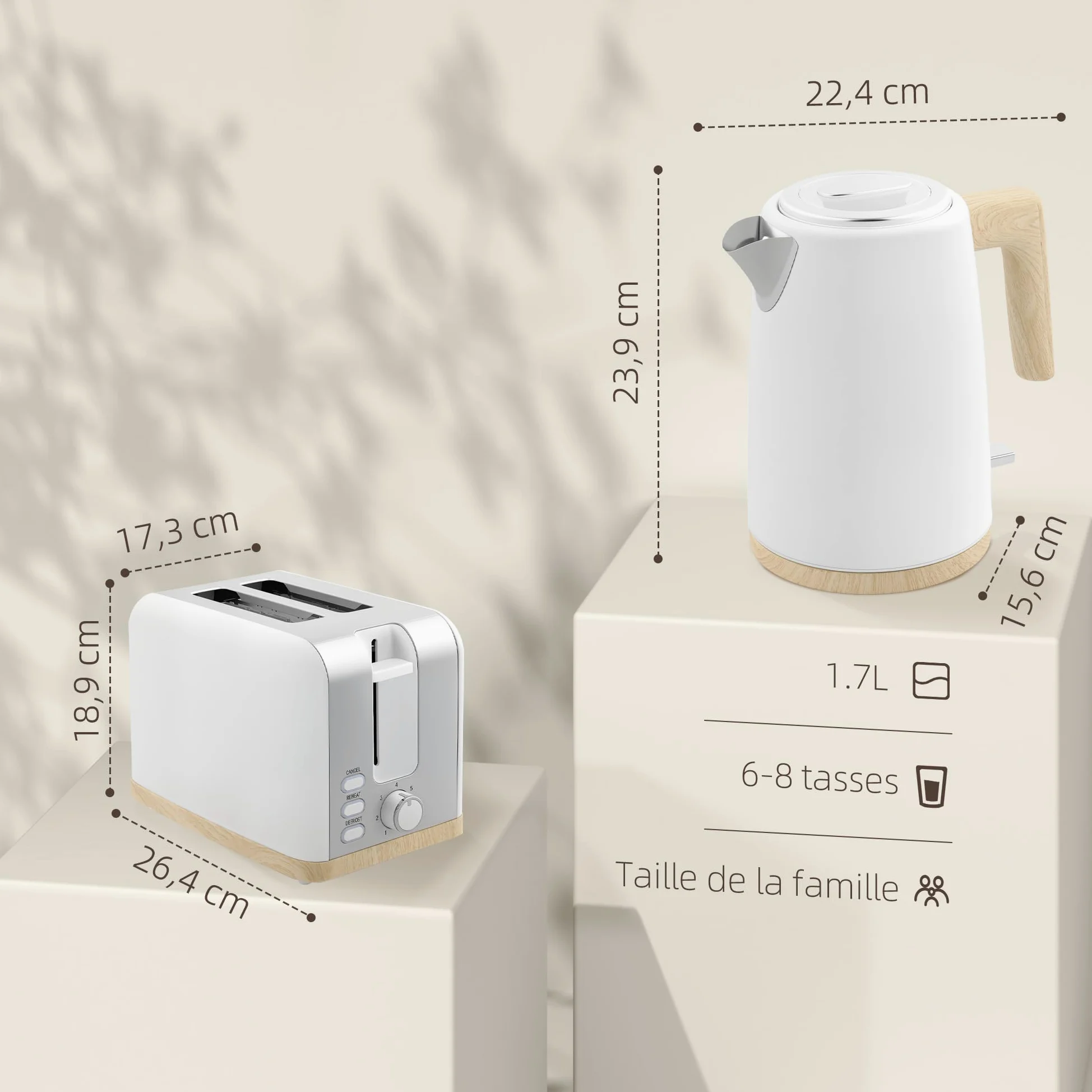HOMCOM Set bollitore e tostapane 2200W, bollitore a riscaldamento rapido da 1,7 L e tostapane a 2 fette, 7 livelli di doratura - arresto automatico, protezione contro la bollitura a secco, bianco