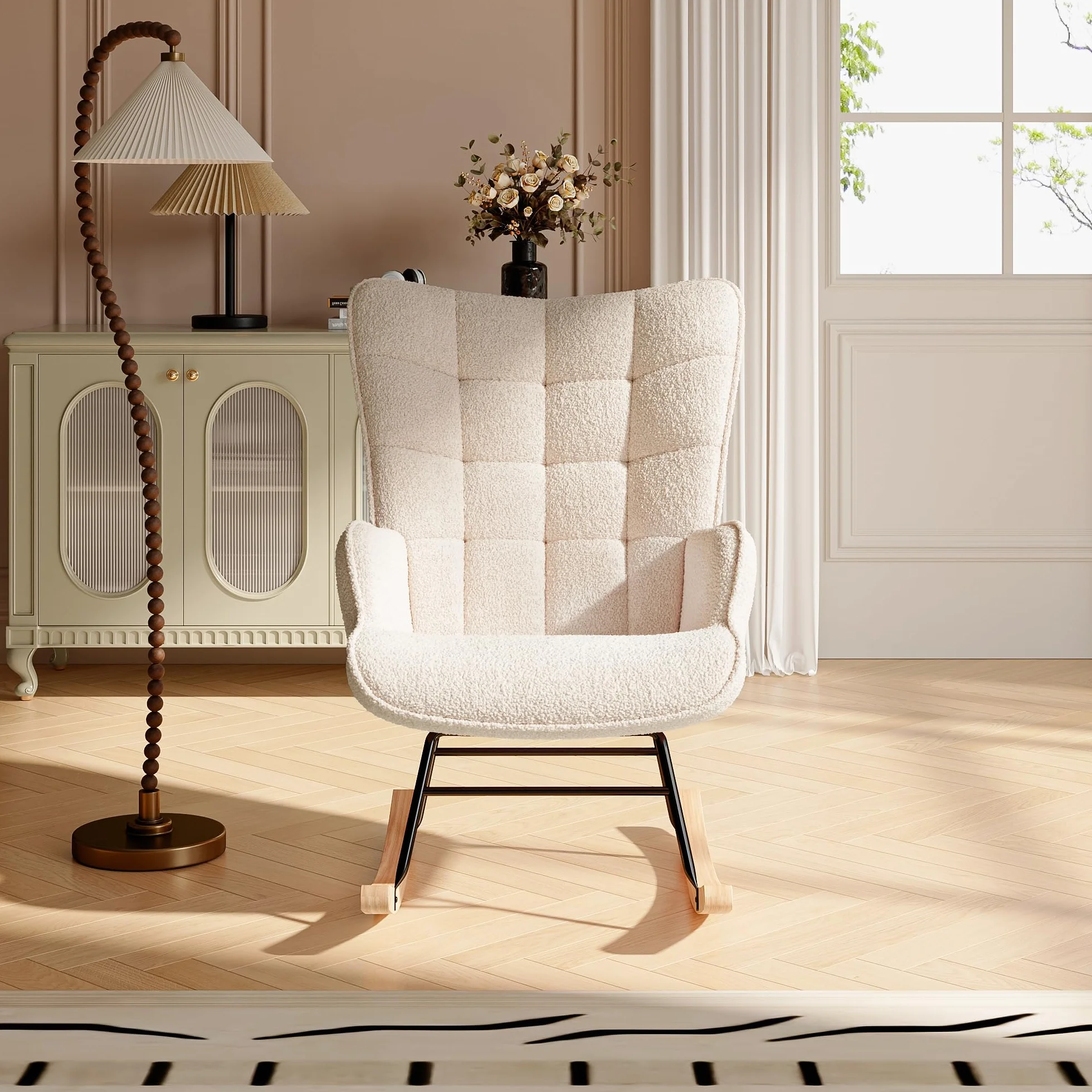 KeepGoon - Poltrona a dondolo, sedia relax oscillante, poltrona per soggiorno, per camera da letto, in velluto Teddy, con schienale a quadretti (beige)