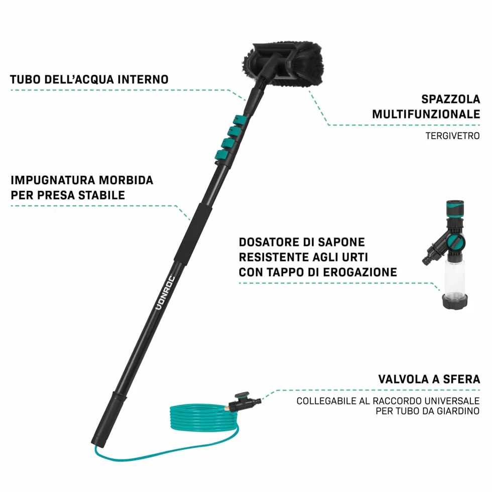 VONROC Spazzola telescopica- 4,60 m - Include spazzola multiuso, tubo flessibile da 6 metri e dispenser di sapone