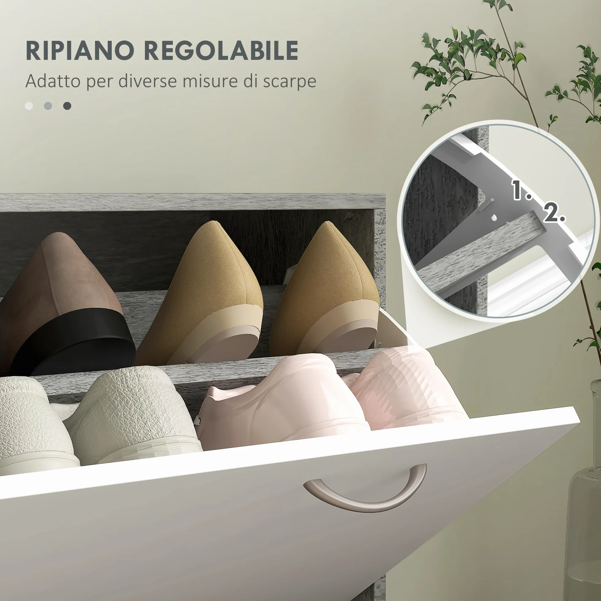 HOMCOM Set Mobili Ingresso Moderno con Scarpiera e Specchio, Appendiabiti da Ingresso con 6 Ganci, 2 Ripiani Regolabili e Cassetti in Legno per Corridoio, Bianco e Grigio Chiaro