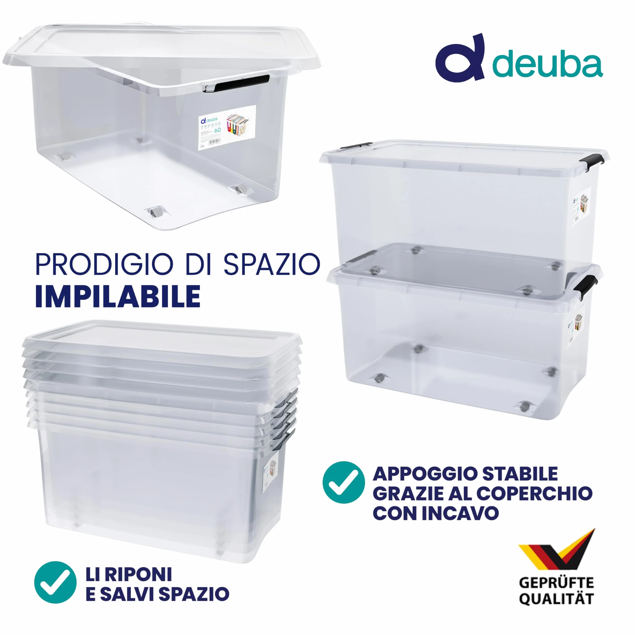 Deuba 6X 60L Scatole in Plastica Trasparente Contenitori con Coperchio Impilabili con Ruote