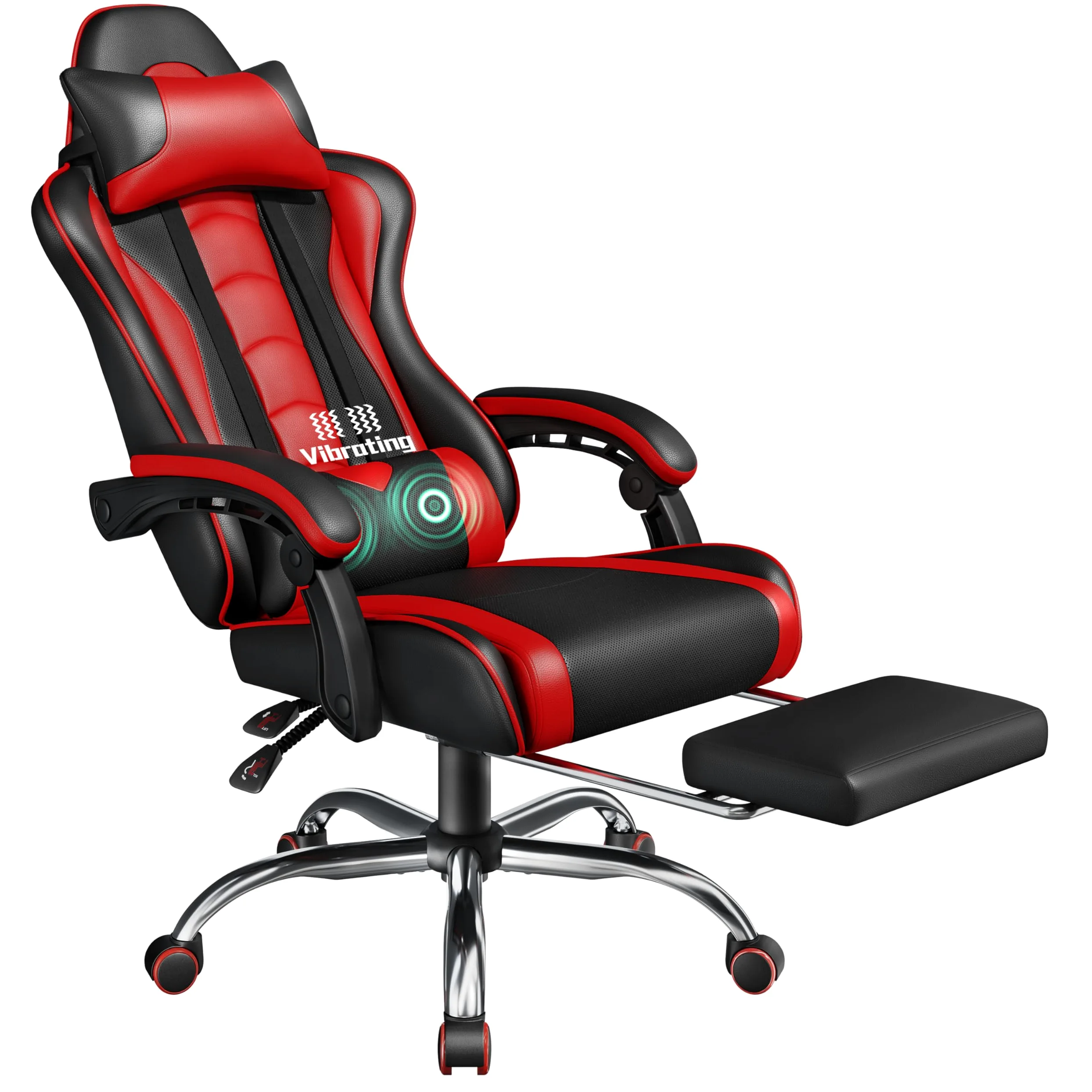 Yaheetech Sedia Gaming Ergonomica Massaggiante Reclinabile con Poggiapiedi Poggiatesta e Supporto Lombare Braccioli Imbottiti in Finta Pelle, Poltrona Gamer da Scrivania con Ruote Girevole Rosso