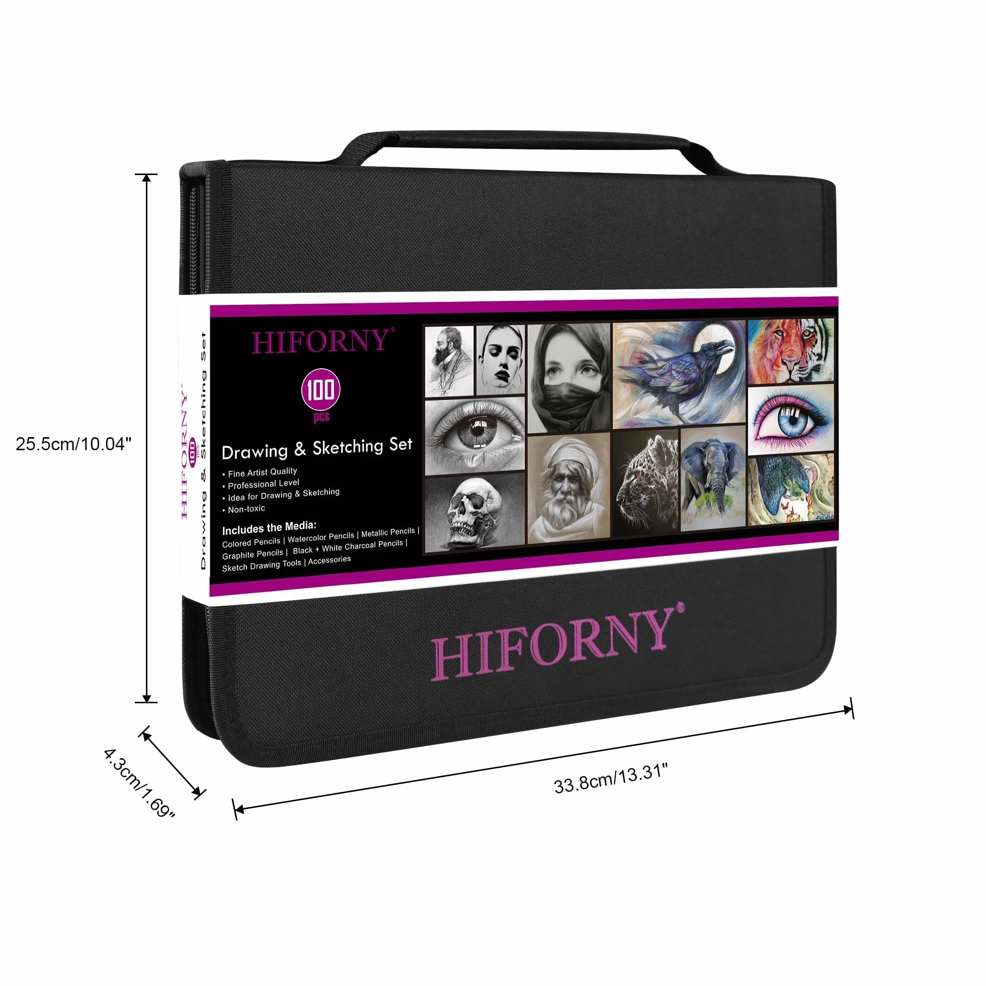 HIFORNY Set da 100 pezzi per disegno e schizzi, forniture artistiche professionali con grafite, carbone, colorate, acquerelli, matite metalliche, strumenti di miscelazione, album da disegno e libro da