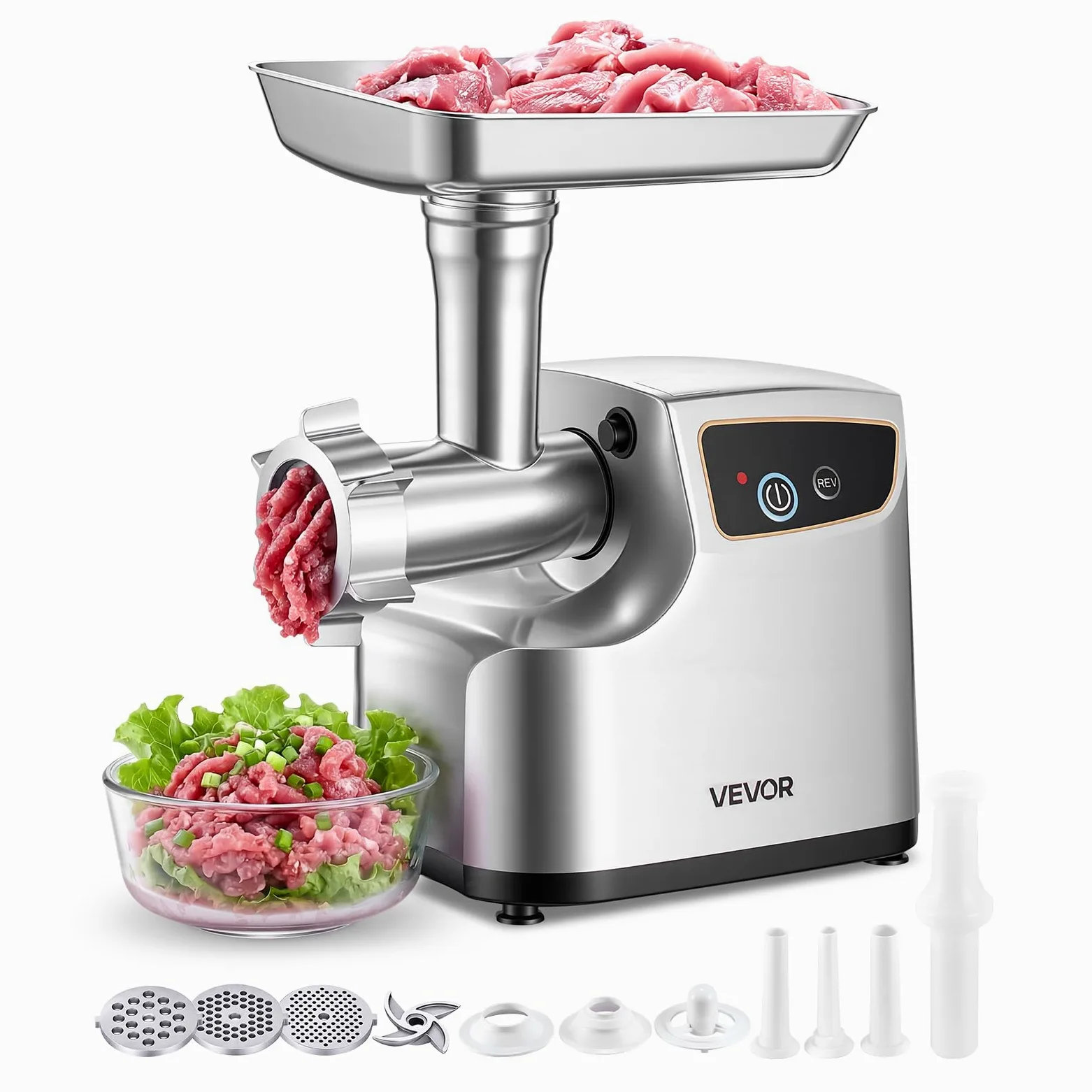 VEVOR Tritacarne Elettrica 700 W da Cucina in Acciaio Inox, Tritacarne Capacità 2,3 kg/min con 3 Dischi 3 Tubi per Salsicce Salami Carne con Piedini Antiscivolo, Cucina Commerciale Ristorante Hotel