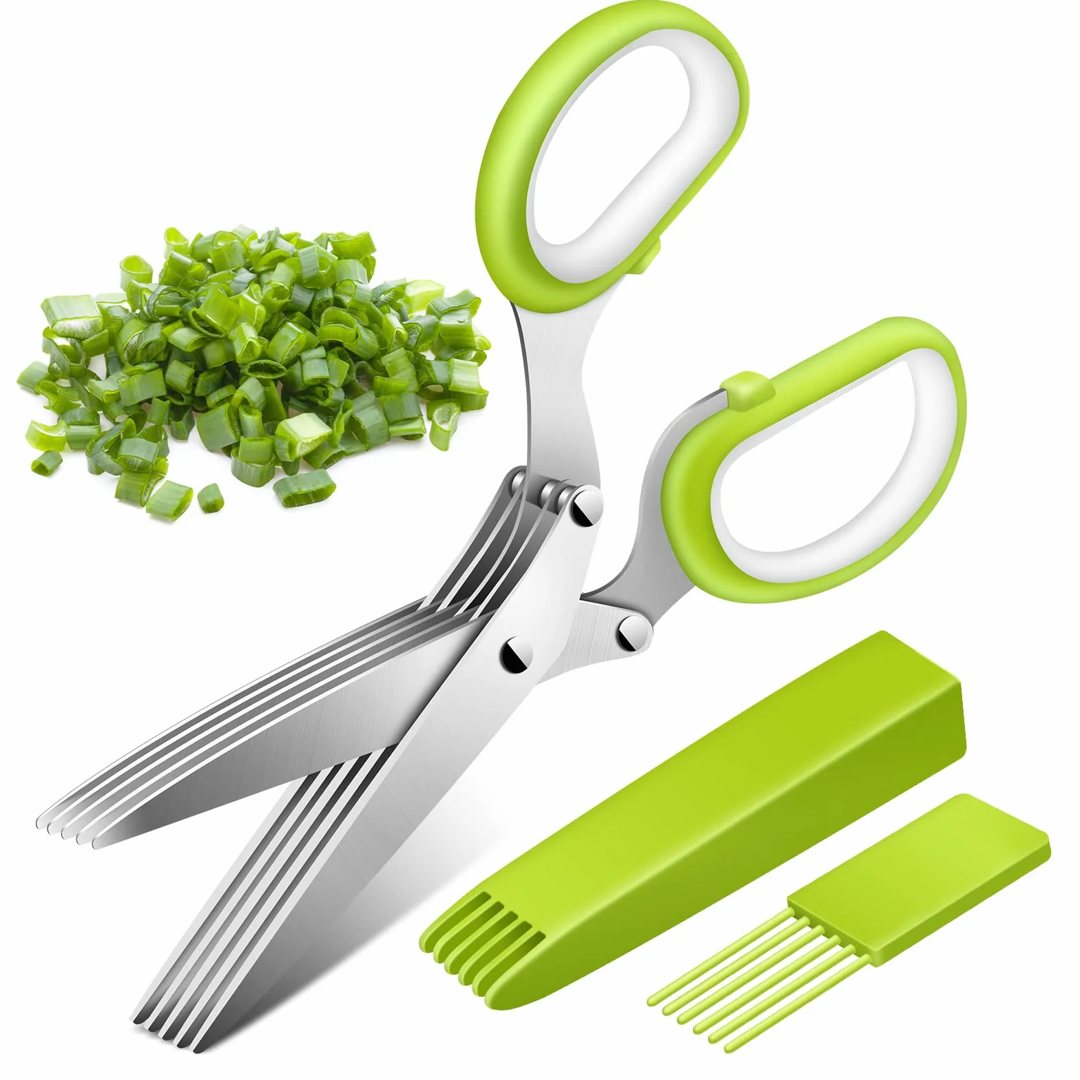 Forbici per Erbe Aromatiche, Forbici da Cucina a 5 Lame in Acciaio Inox con Manico Ergonomico, Forbici da Cucina con Pettine Pulizia per Tritare Basilico, Erba Cipollina, Origano, Rosmarino