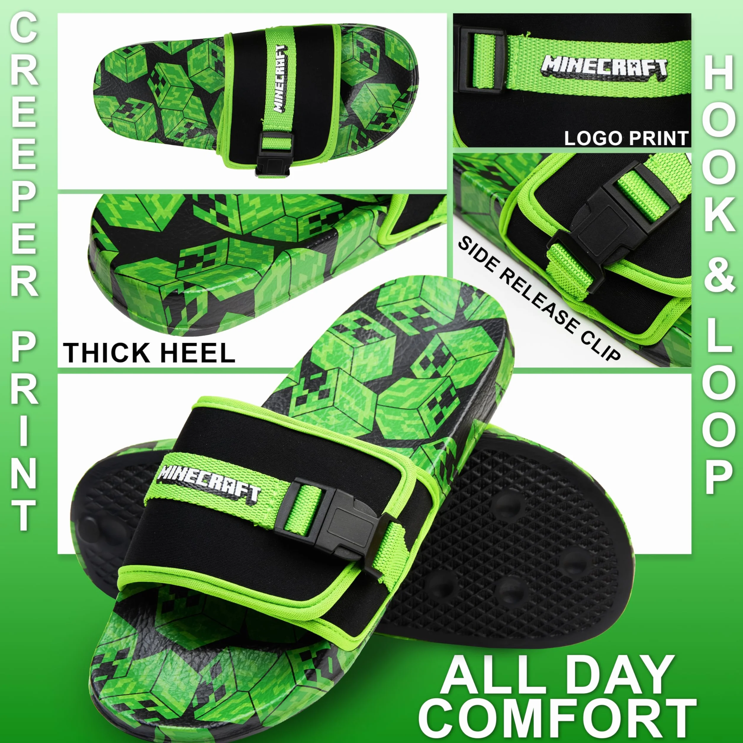 Get Trend Minecraft Ciabatte Bambino con Velcro, Creeper Sandali Comodi Estive in Gomma per Uso Quotidiano e Casa, Regali per Gamer