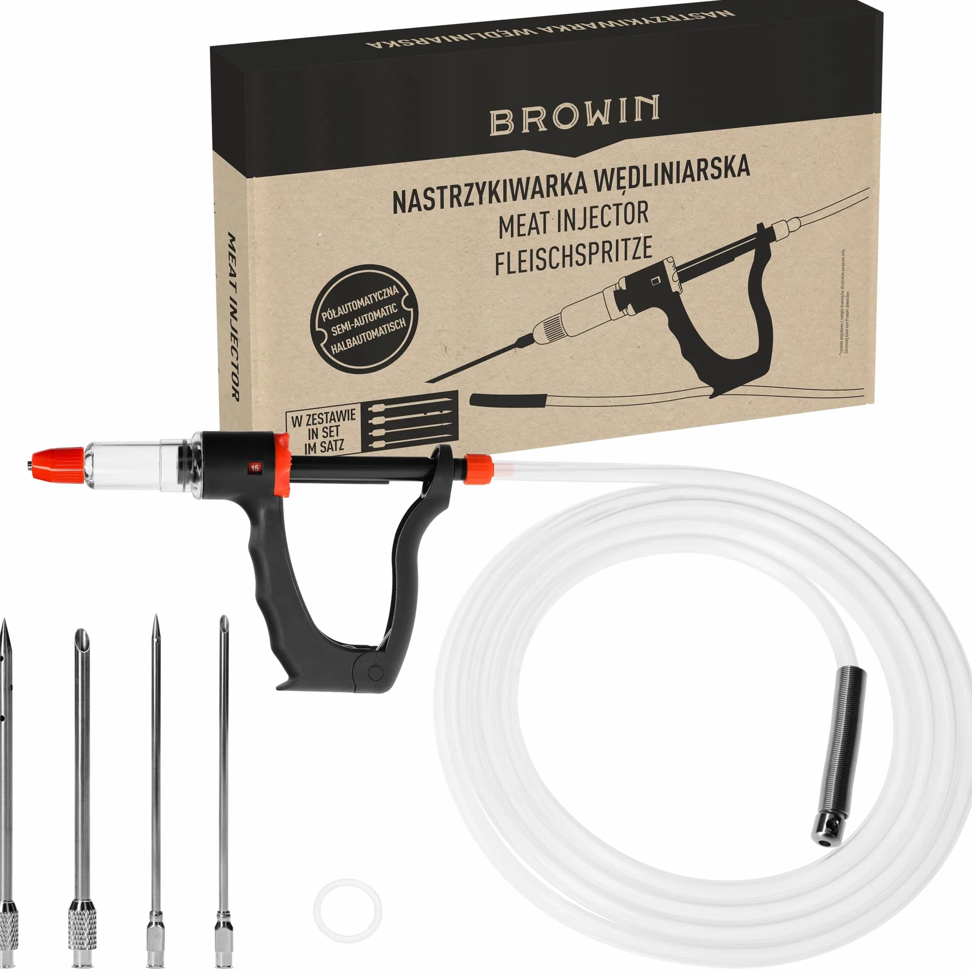 BROWIN Siringa per Carne Semiautomatica con Set di Aghi e Tubo Flessibile per Marinare Arrosto