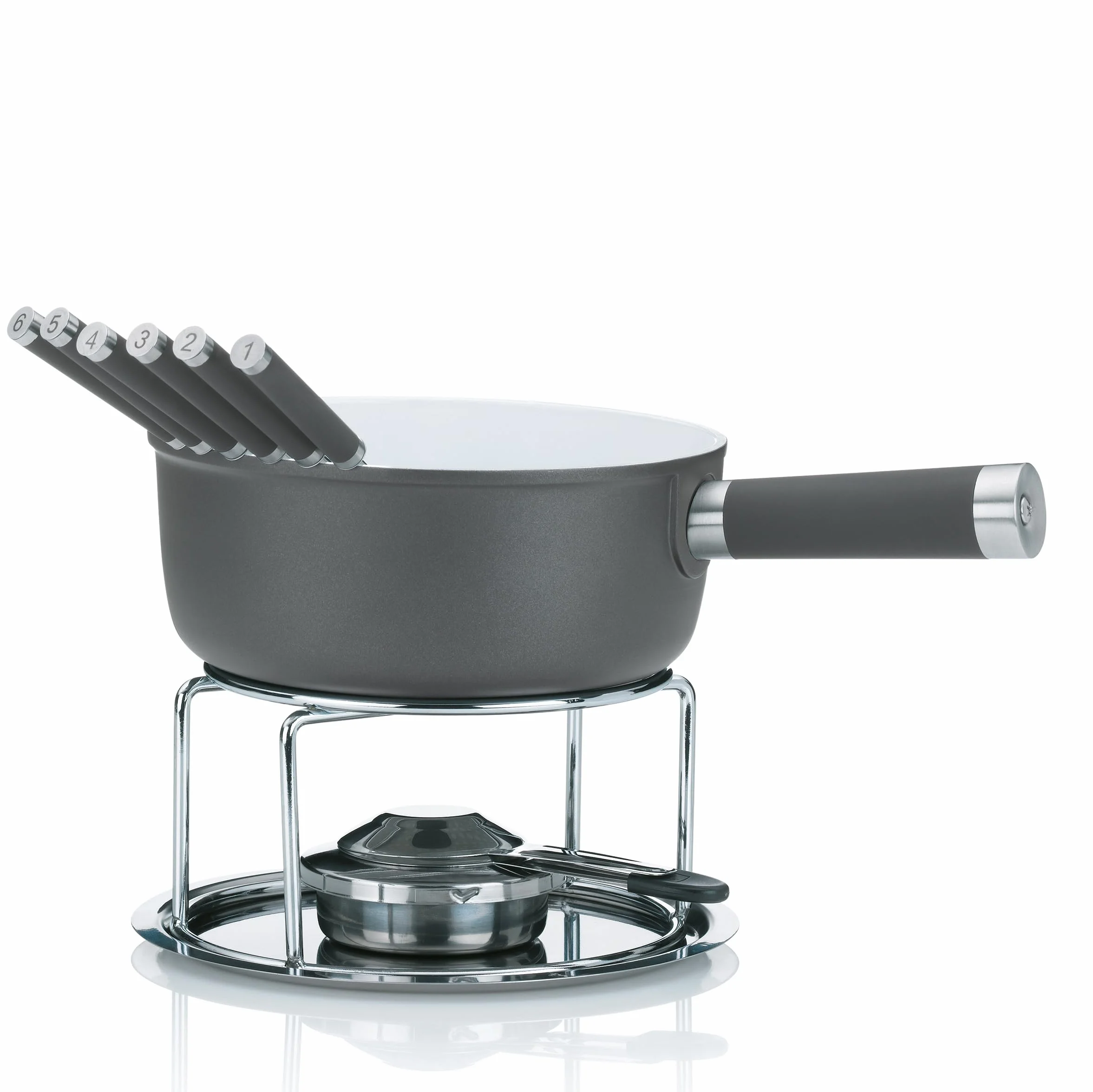 kela Set per fonduta di Formaggio 10 Pezzi, fonduta in Alluminio pressofuso per 6 Persone LANCY, Rivestimento in Ceramica, con Supporto per bruciatore, forchette per fonduta, portaforchette
