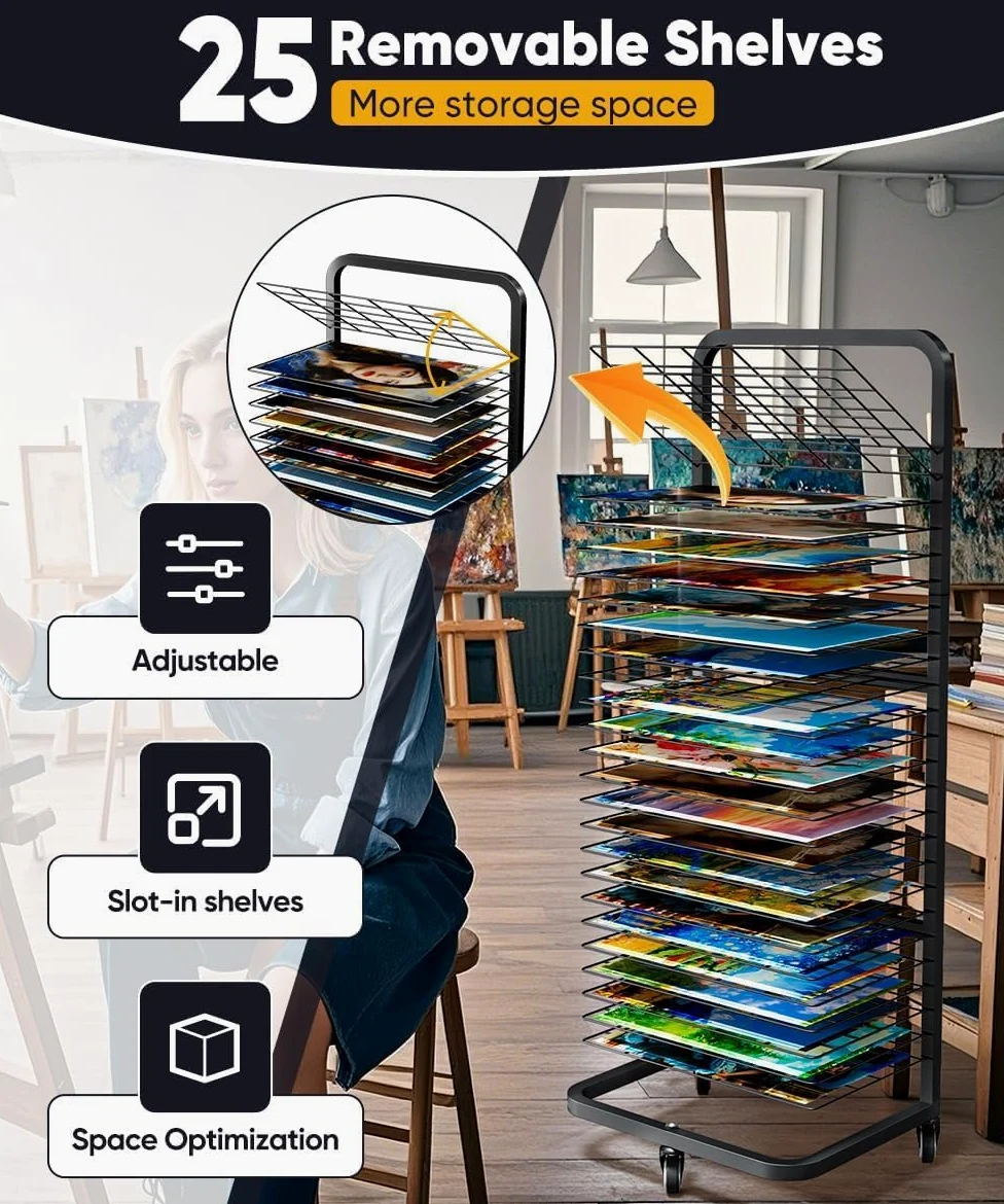 Garbuildman Stendibiancheria resistente per dipinti, supporto in metallo con 25 ripiani rimovibili, scaffale mobile in tela con ruote bloccabili per aule e studi artistici, nero