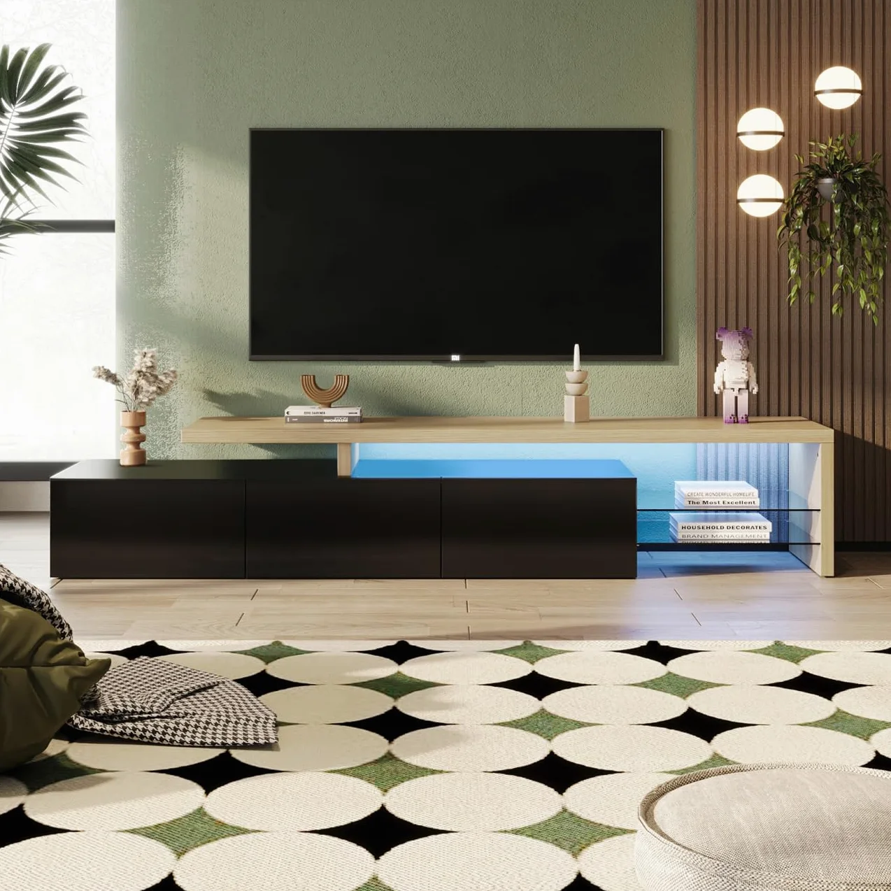Mobiletto TV LED 200 cm, Mobili TV con Ripiano in Vetro, Mobile TV da Soggiorno, Panca TV Moderna in Legno con 3 Armadietti, Armadio Basso Soggiorno per Interni, Nero