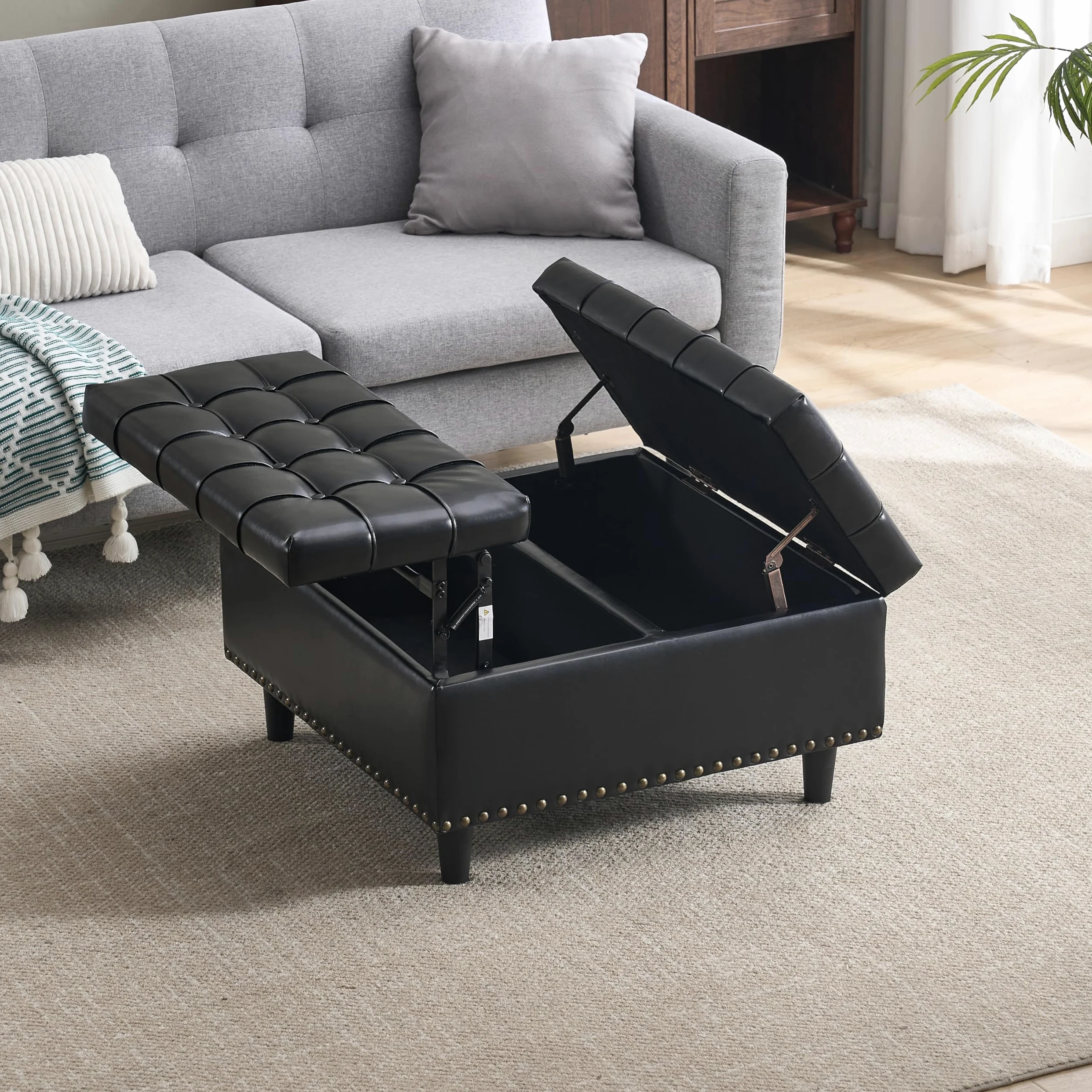 Sedia grande con vano portaoggetti quadrata, scatola imbottita, adatta per soggiorno, camera da letto, studio (nero PU)