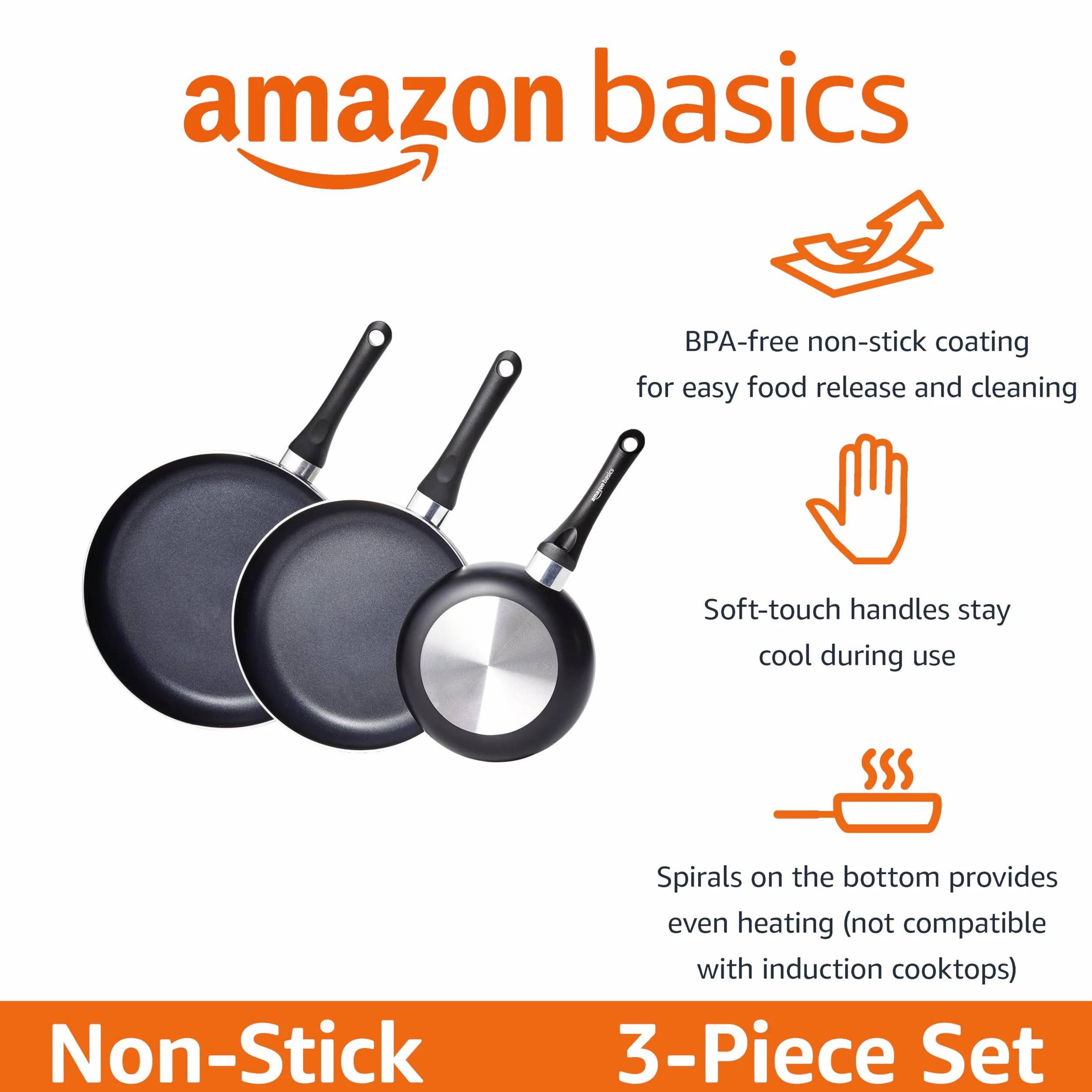 Amazon Basics 3 unità padelle antiaderenti 20 cm 25 cm 30 cm Nero