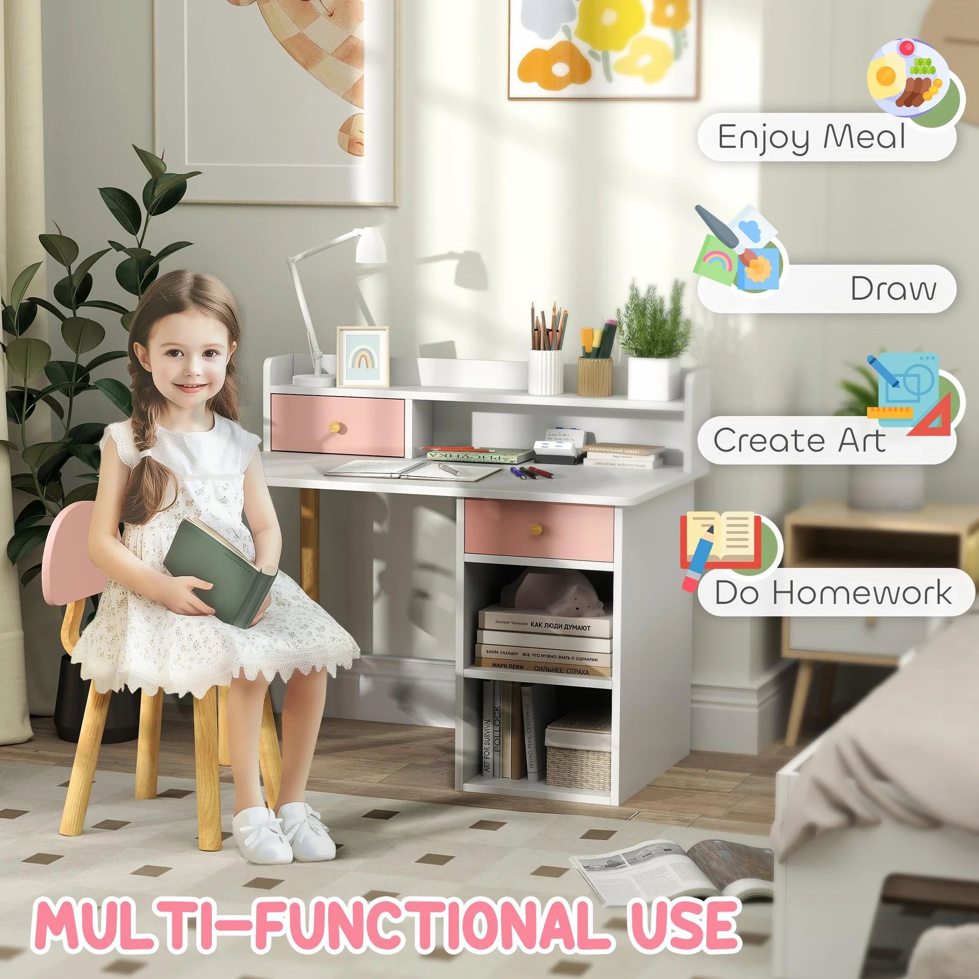 AIYAPLAY Set di scrivania e sedia per bambini, tavolo da studio per bambini con conigliera, portaoggetti, cassetto, scaffali, per studiare, leggere, disegnare, per età 3-8 anni, rosa