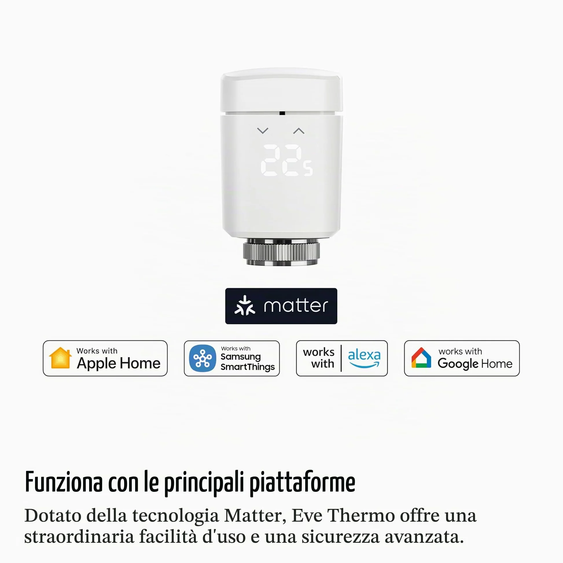 Eve Thermo (Matter, 4ª gen) set di 4: valvola termostatica intelligente, controllo automatico della temperatura, richiede Alexa, Apple Home, SmartThings o Google Home. necessario Thread Border Router
