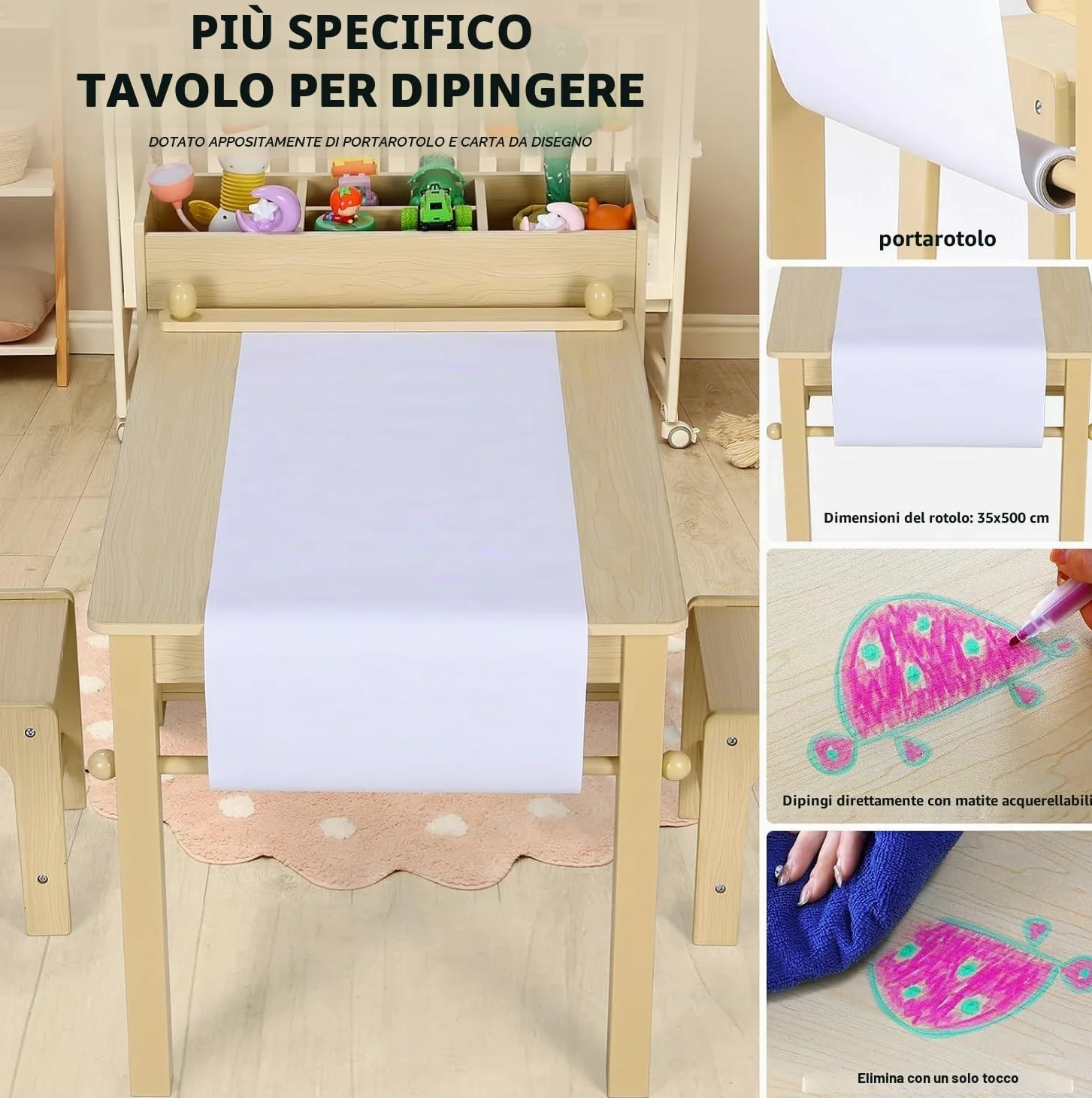 MAMIZO Tavolo per Bambini con 2 PCS Sedie, Tavolo in Legno con Rotolo di Carta, Mobile Montessori per Bambini 3-8 Anni, Ideale per Pittura/Leggere/Mangiare/Giocare, Montaggio Semplice Giallo