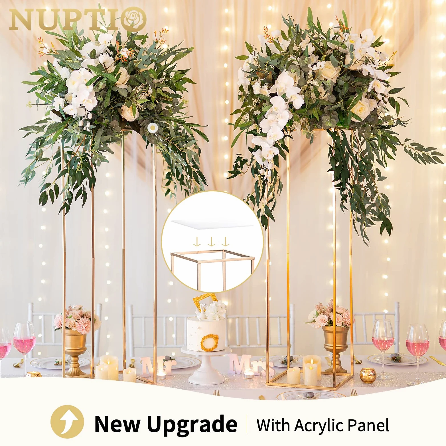 NUPTIO Vaso Oro per Centrotavola Matrimonio: 2 Pezzi Vasi Fiori Alti 100cm Colonna con Pannello Acrilico Rettangolare Metallo Porta Fiori per Decorazioni Feste Compleanno - Espositori Geometrici