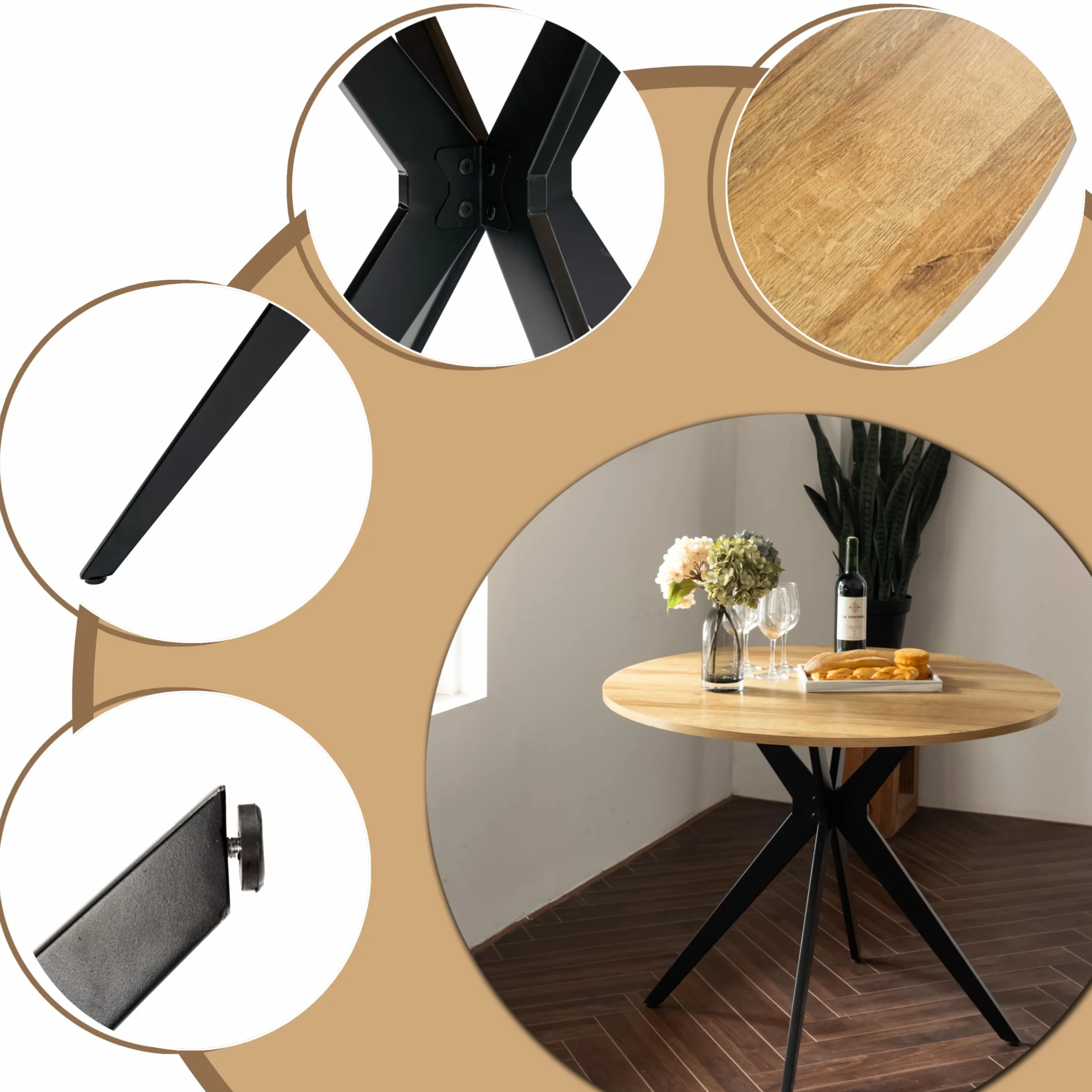 Tavolo da conferenza rotondo in rovere e nero, robusto, in legno e metallo, design compatto e professionale, ideale per riunioni di squadra in ufficio e progetti 100 x 100 x 75 cm