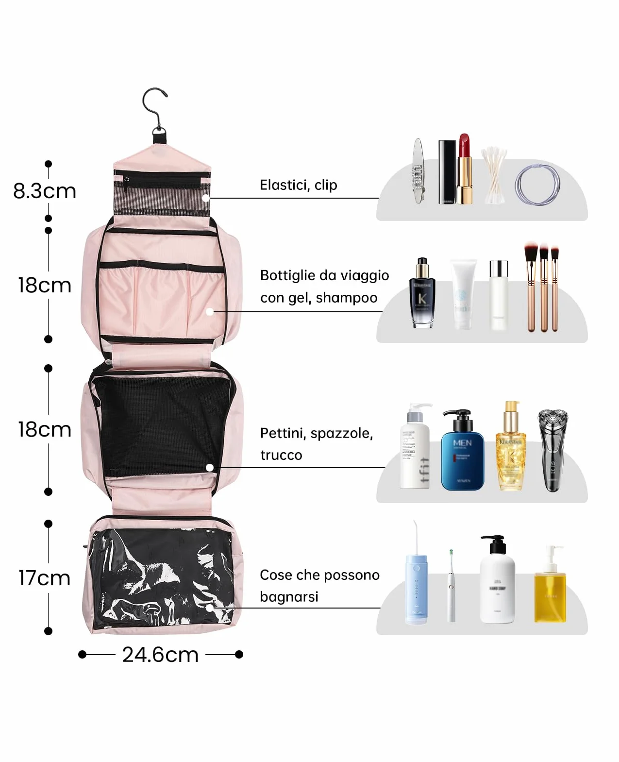 Beauty Case da Viaggio Impermeabile 4 in 1 per Donna, Grande Borsa da Toilette da Appendere