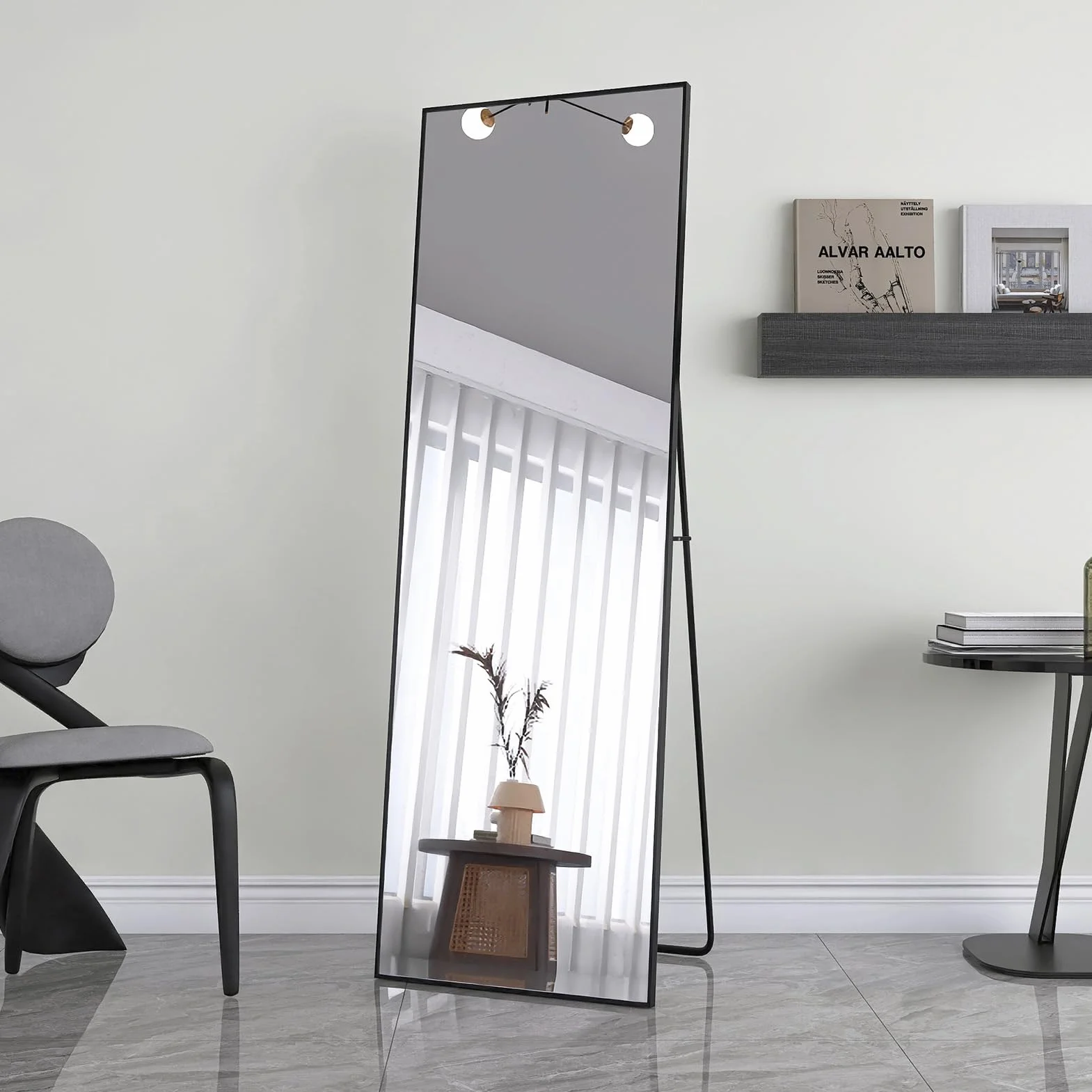 Specchio Rettangolare da Pavimento 162x53cm Grande Specchio Bombato Con Telaio In Lega Di Alluminio Vetro Temperato Appoggio A Terra O Inclinabile Per Camera Soggiorno Spogliatoio (Nero)