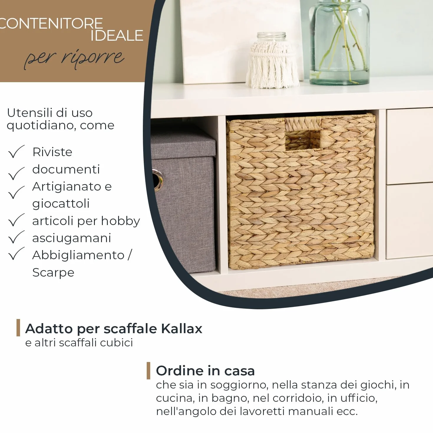 HMF Cestino portaoggetti da scaffale compatibile con Kallax, cestino intrecciato in giacinto d’acqua con manici, inserto per scaffali a cubi | Set da 2 | 32 x 34,5 x 32 cm | Naturale