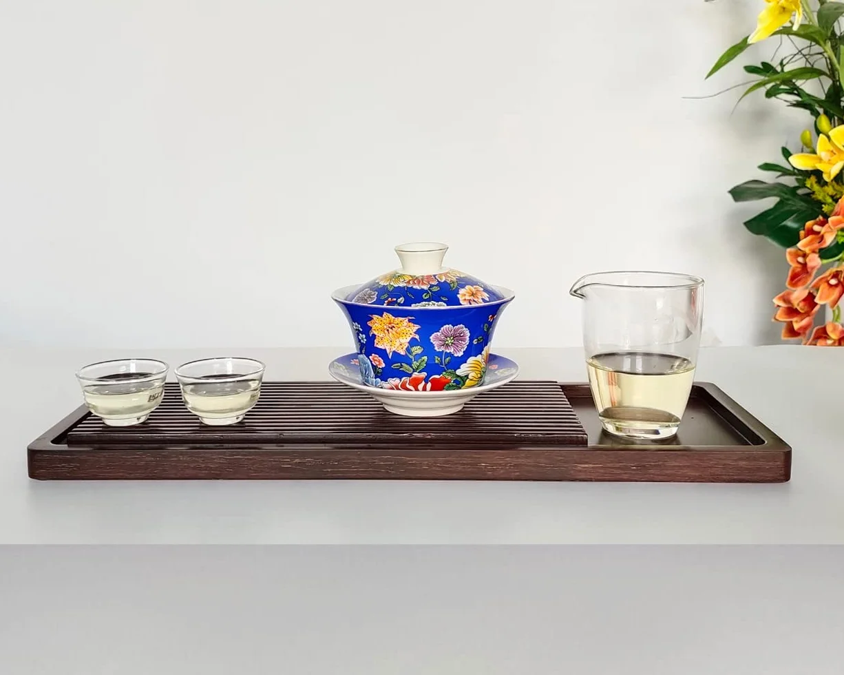 Porcellana Gaiwan Tazza da Tè Cinese con Coperchio e Piattino, Blu Fiori, 300 ml, Set Tè o Caffè
